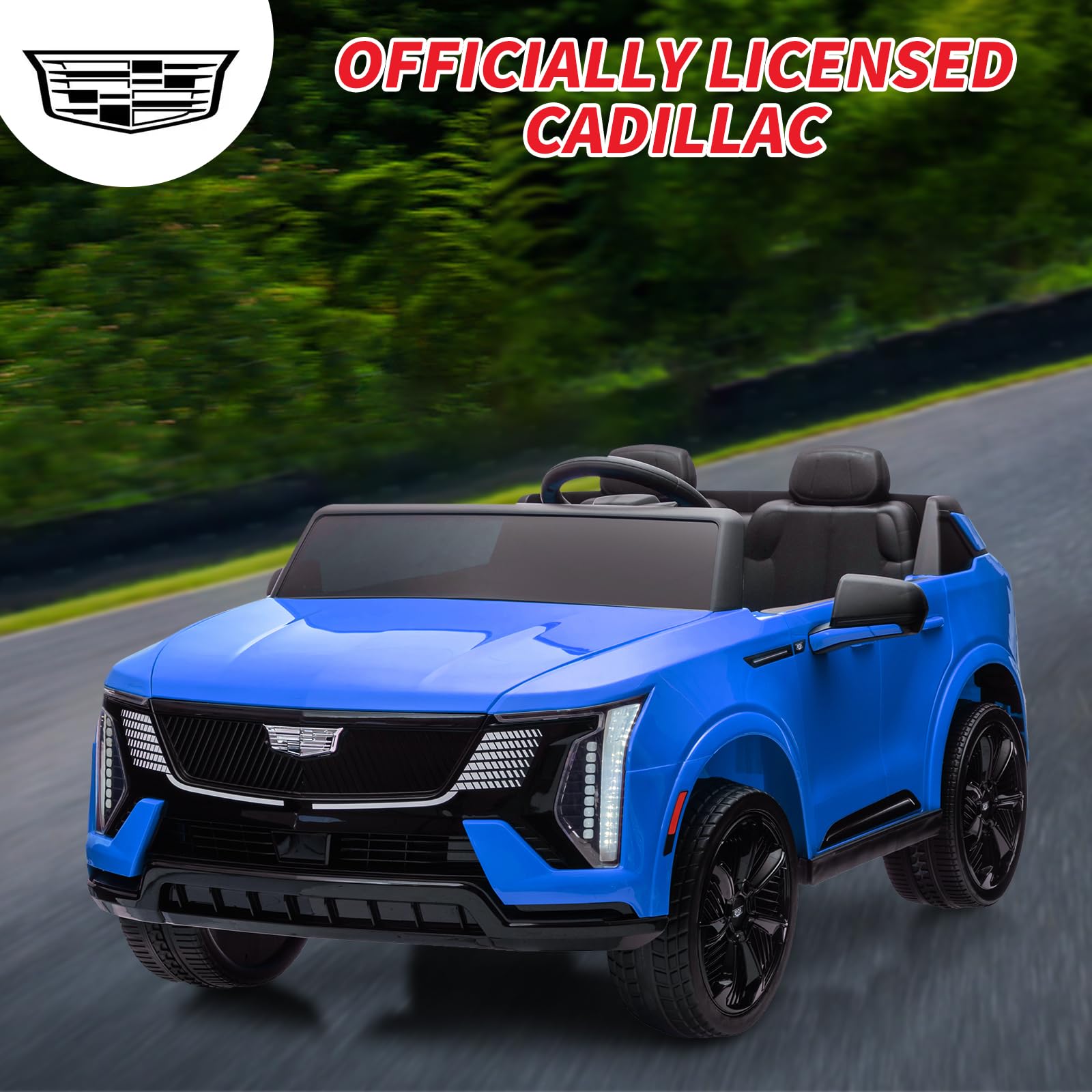 Garvee 2 Seater Ride On Car for Kids 24V Electric Cadillac with Remote Control, Full-Wheel Suspension, LED Lights, Music, Battery Powered, Blue, Outdoor Fun
