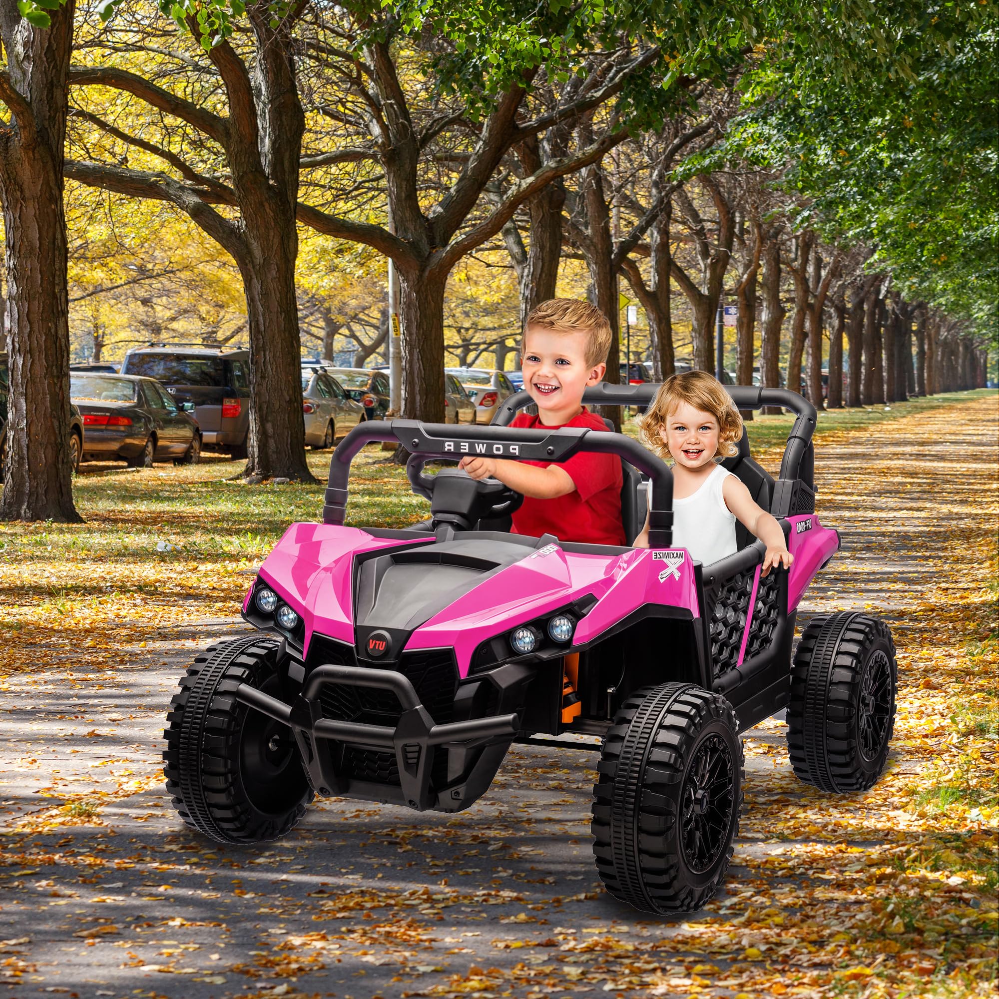 Garvee 24V Ride On Car Electric Off-Road UTV Truck with Remote Control, Lockable Doors, Safety Belt, PP+Metal, LED Lights, Music Player, Blue, Kids Outdoor Fun - Rose