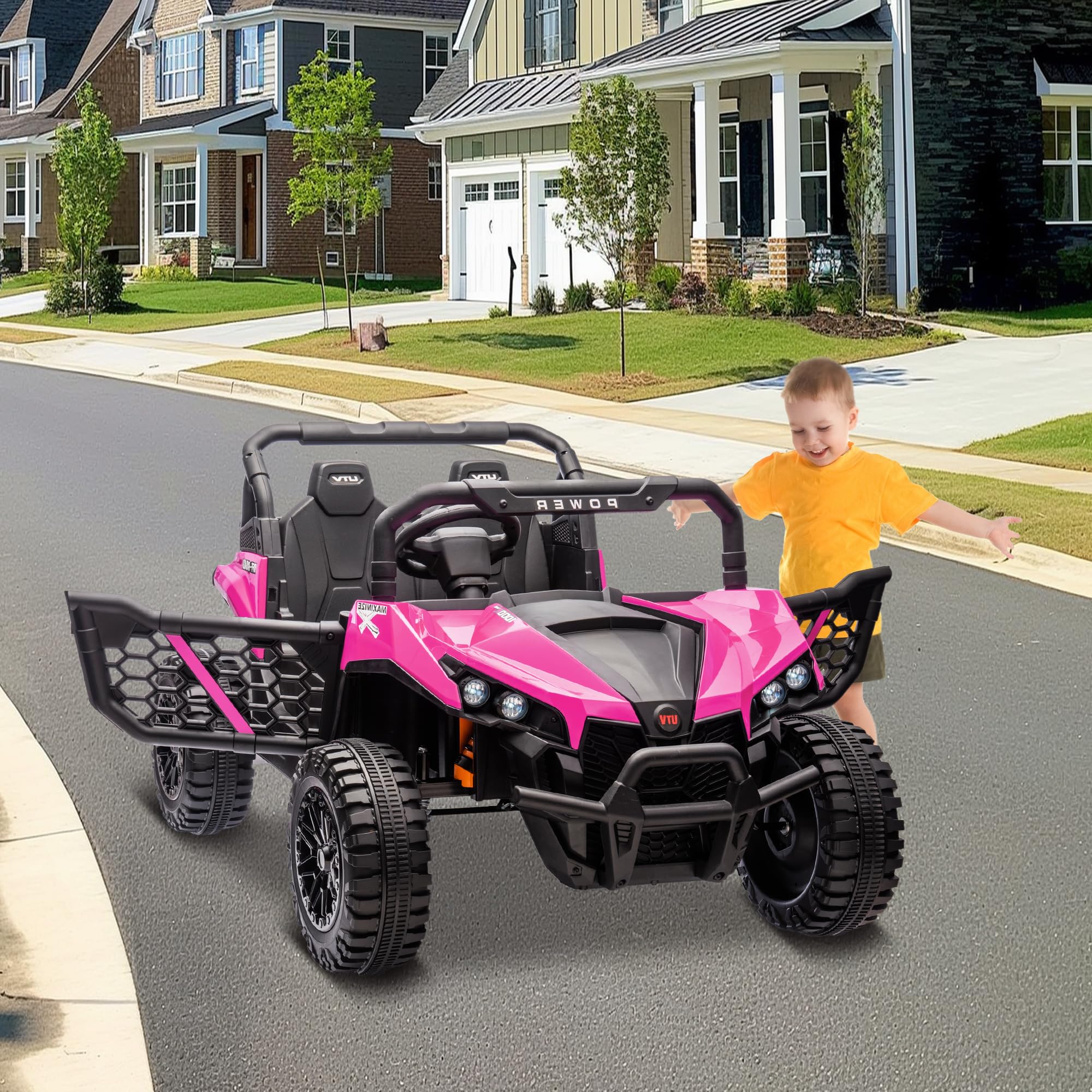 Garvee 24V Ride On Car Electric Off-Road UTV Truck with Remote Control, Lockable Doors, Safety Belt, PP+Metal, LED Lights, Music Player, Blue, Kids Outdoor Fun - Rose