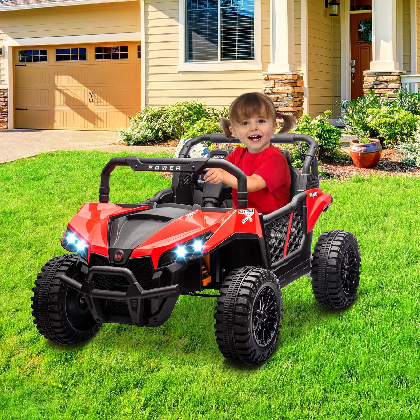 Garvee 24V Ride On Car Electric Off-Road UTV Truck with Remote Control, Lockable Doors, Safety Belt, PP+Metal, LED Lights, Music Player, Blue, Kids Outdoor Fun - Red