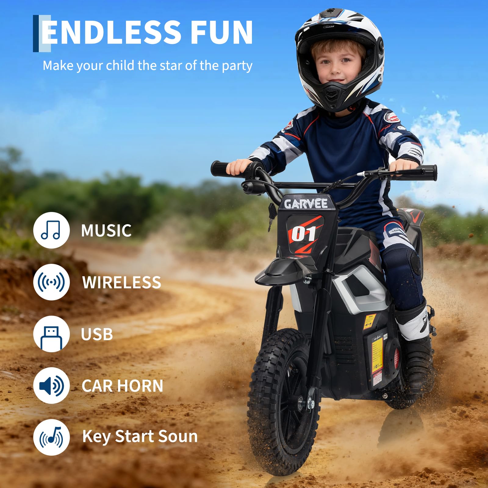 Garvee 24V Kids Electric Dirt Bike 350W Motor 10MPH Speed Rear Suspension Rubber Tires Black Backyard Adventure