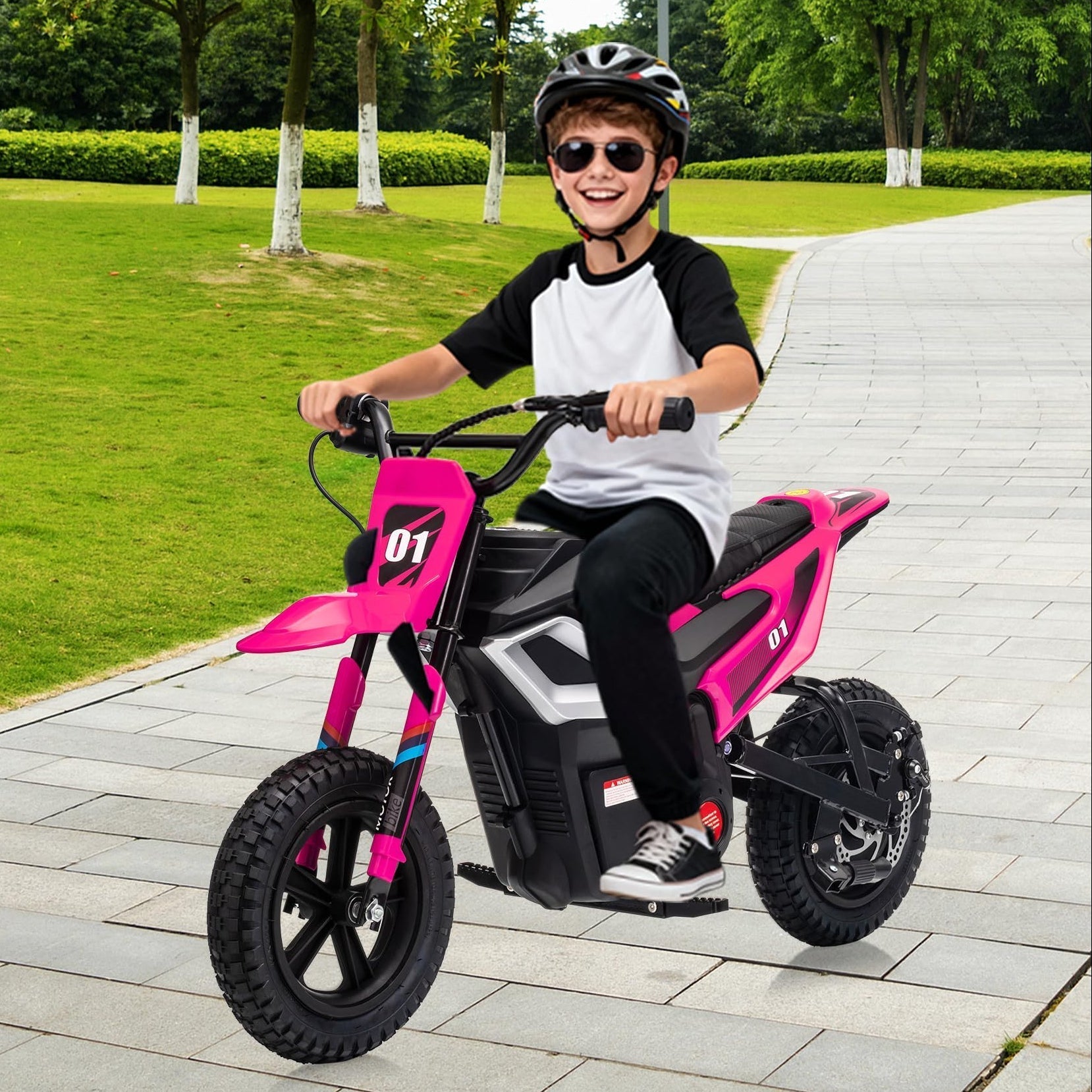 Garvee 24V Electric Kids Dirt Bike 350W Motor Rear Suspension Leather Seat Bluetooth Music Black Blue Green Red Rose Ages 10+ Outdoor Fun