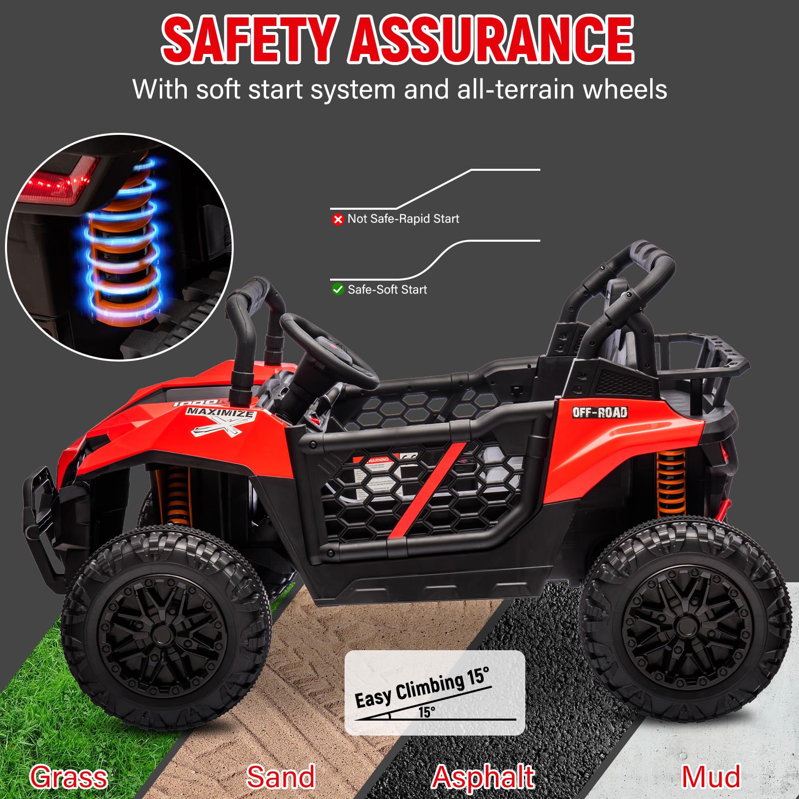 Garvee 24V Ride On Car Electric Off-Road UTV Truck with Remote Control, Lockable Doors, Safety Belt, PP+Metal, LED Lights, Music Player, Blue, Kids Outdoor Fun - Red
