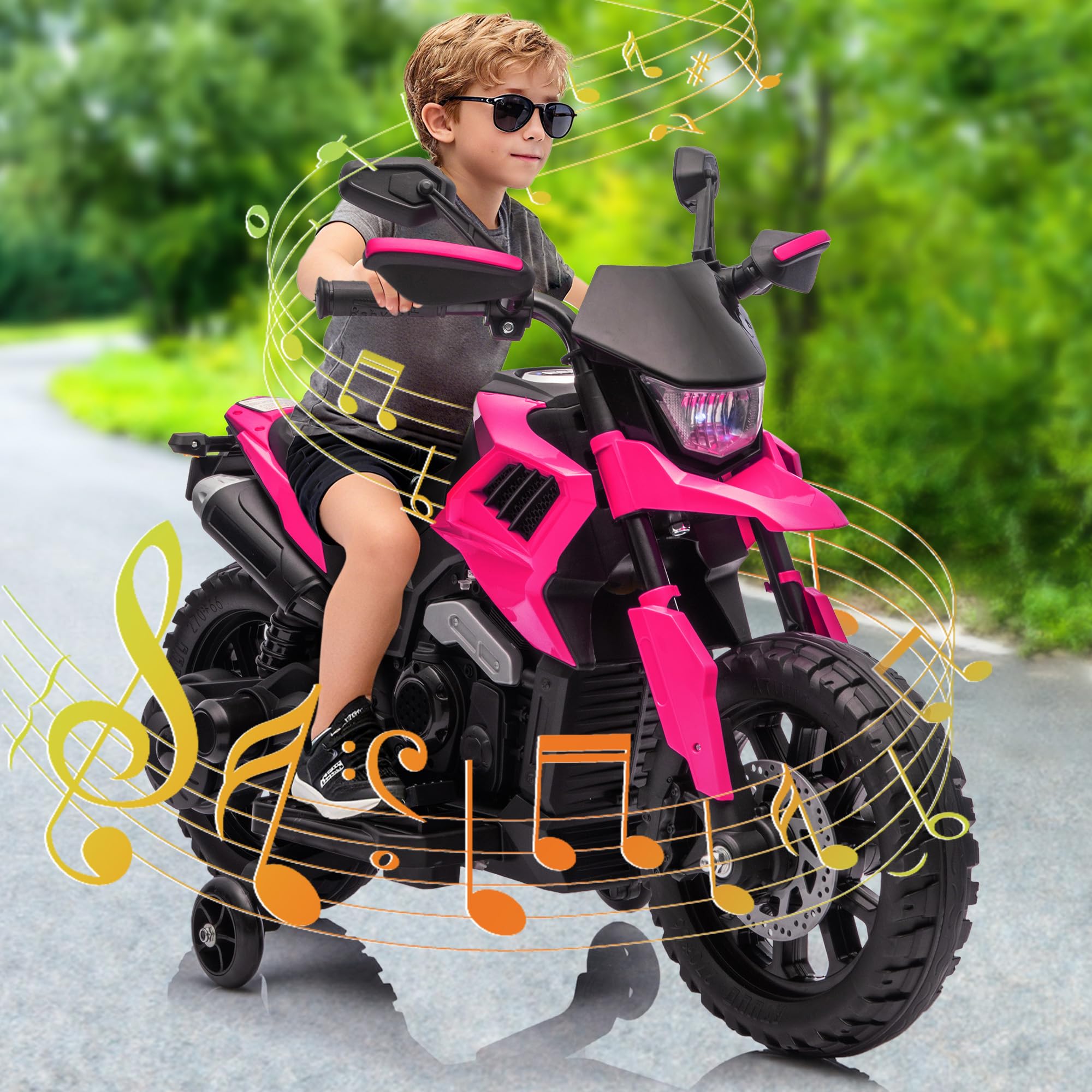 Garvee 6V Kids Electric Motorcycle with Training Wheels, Adjustable Speed 2-5 MPH, Durable Battery-Powered Ride-On Bike, Headlight & Music, Safe for Toddlers Outdoor Play