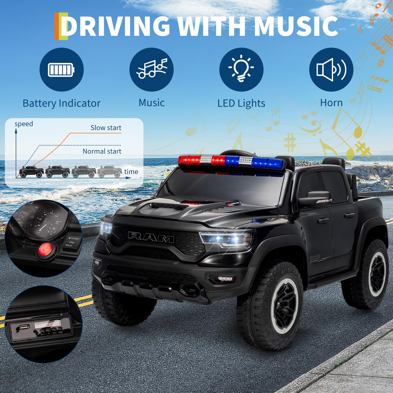 Garvee 12V Kids Ride On Police Car RAM Truck with Remote Control, 3 Speeds, Spring Suspension, LED Lights, Safety Lock, Pickup Truck for Toddlers