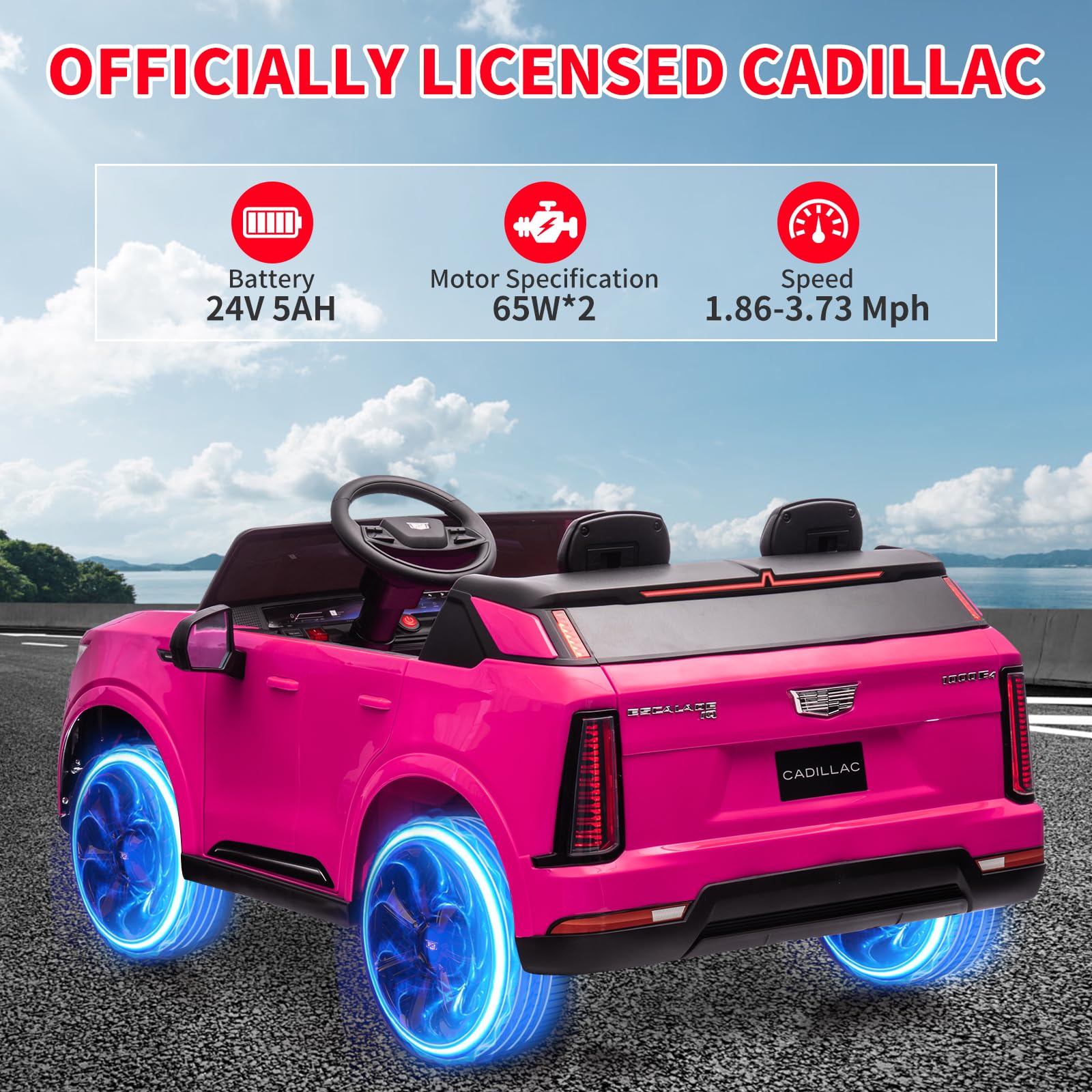 Garvee 24V Kids Ride On Car Licensed Cadillac 2-Seater Electric Truck with Remote Control, Spring Suspension, LED Lights, Music - Battery Powered, Pink, for Toddlers