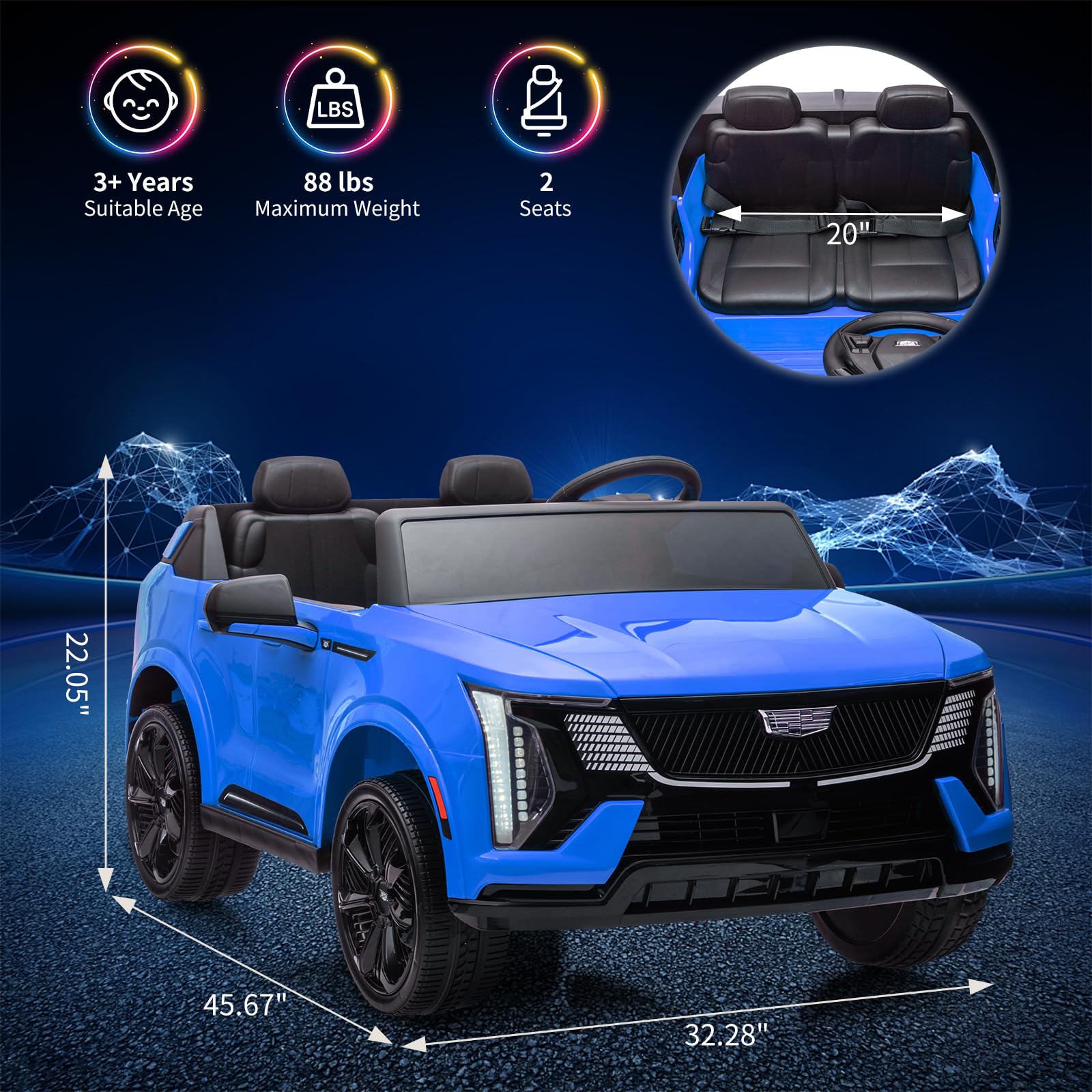 Garvee 2 Seater Ride On Car for Kids 24V Electric Cadillac with Remote Control, Full-Wheel Suspension, LED Lights, Music, Battery Powered, Blue, Outdoor Fun