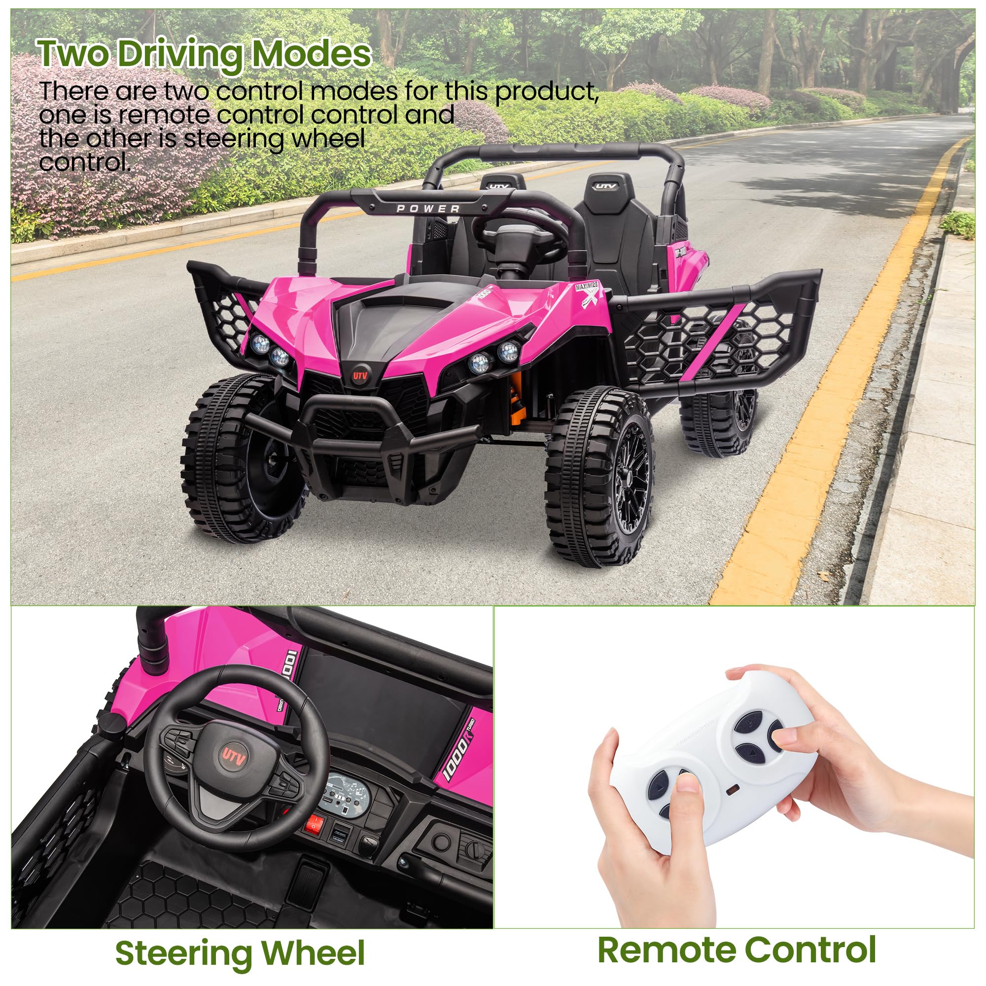 Garvee 24V Ride On Car Electric Off-Road UTV Truck with Remote Control, Lockable Doors, Safety Belt, PP+Metal, LED Lights, Music Player, Blue, Kids Outdoor Fun - Rose