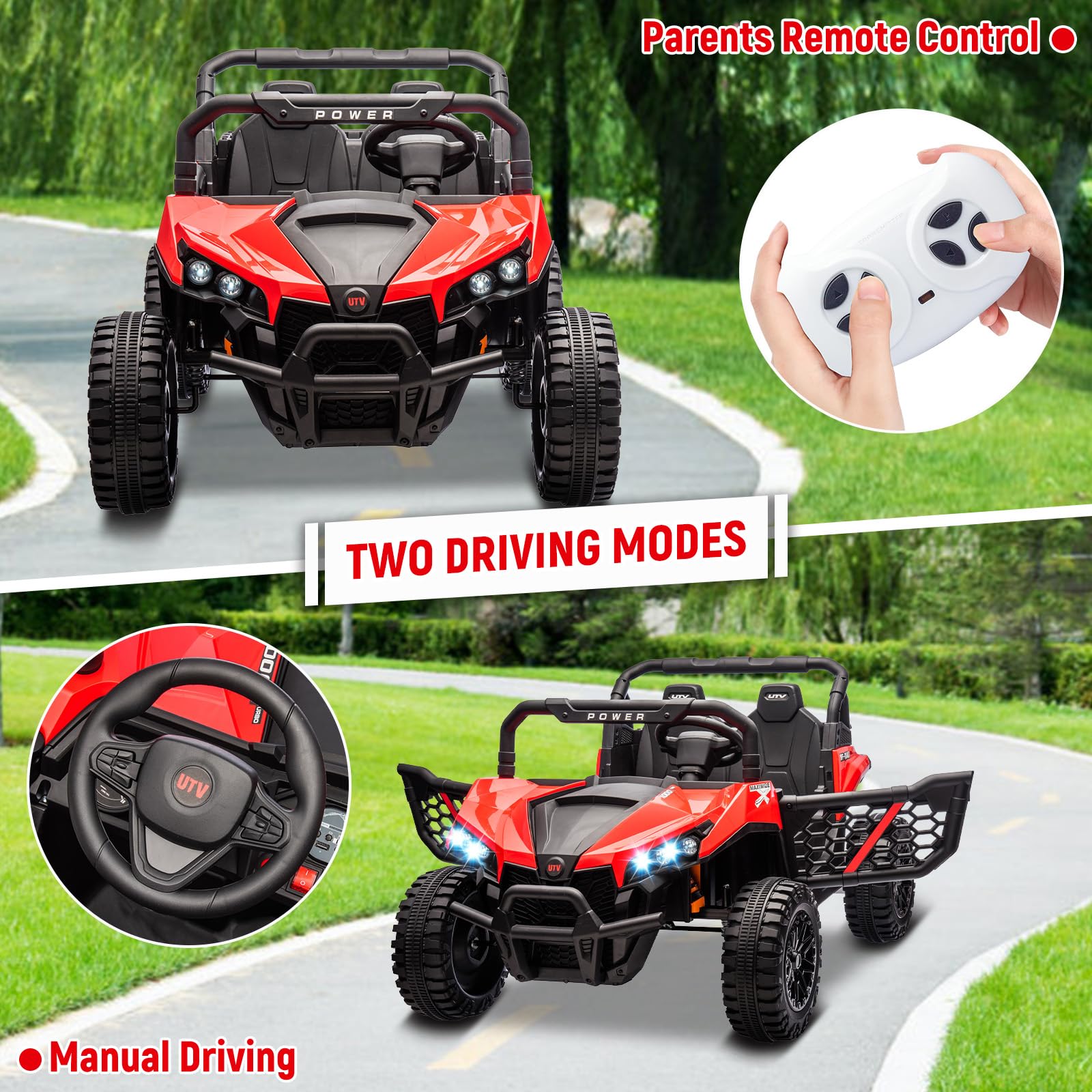 Garvee 24V Ride On Car Electric Off-Road UTV Truck with Remote Control, Lockable Doors, Safety Belt, PP+Metal, LED Lights, Music Player, Blue, Kids Outdoor Fun - Red