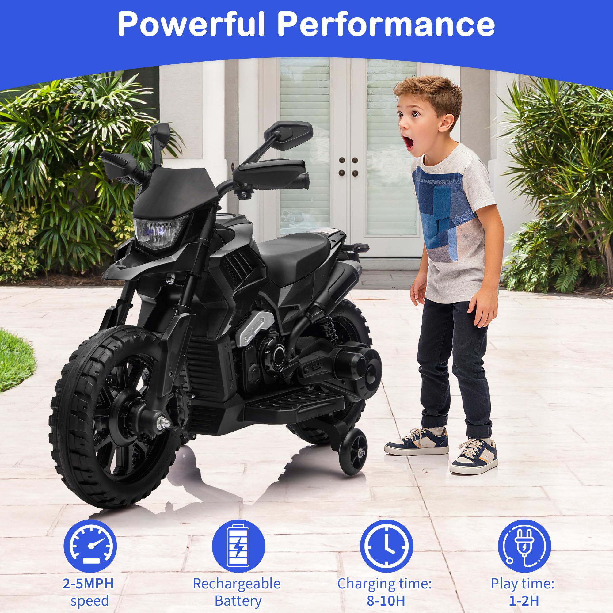 Garvee 6V Kids Electric Motorcycle with Training Wheels, Adjustable Speed 2-5 MPH, Durable Battery-Powered Ride-On Bike, Headlight & Music, Safe for Toddlers Outdoor Play