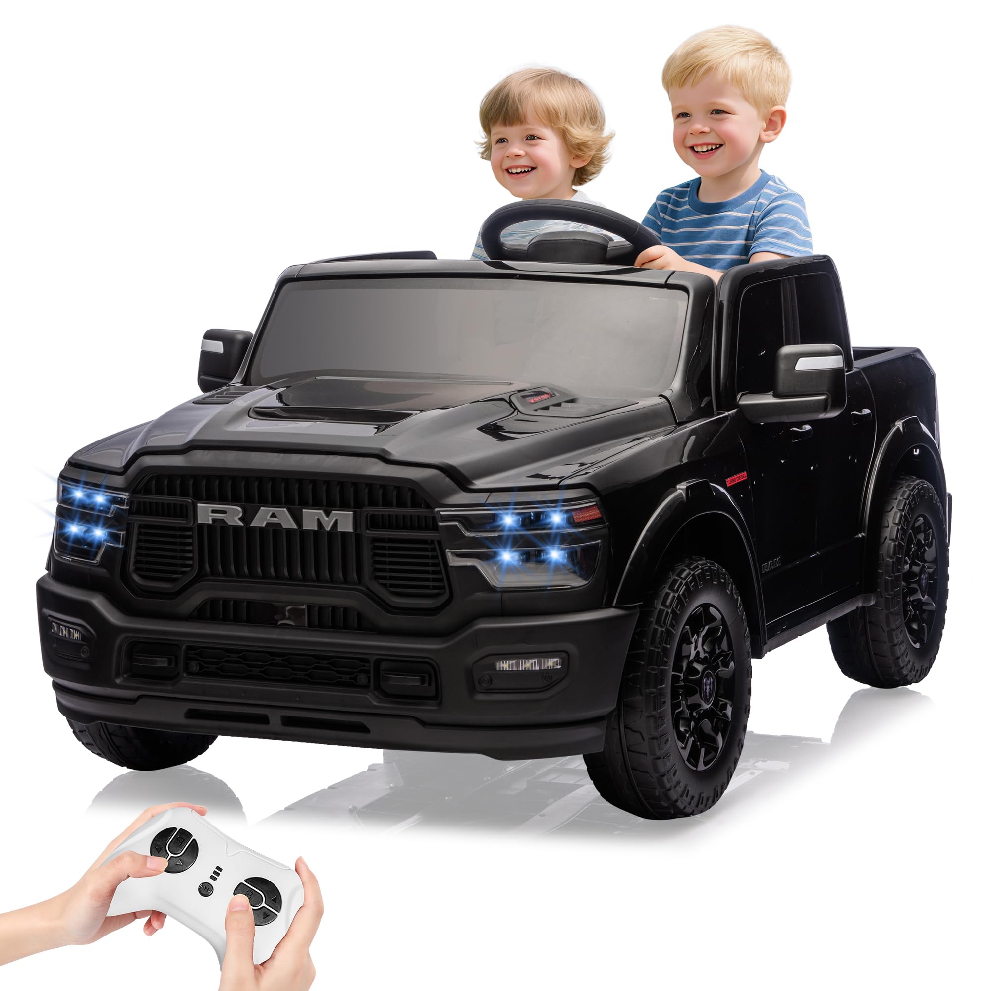Garvee 2-Seater Electric Ride-On Truck for Kids, 24V RAM 2500 Licensed, Bluetooth, Remote Control, Suspension, LED Lights, Black, Outdoor Adventure