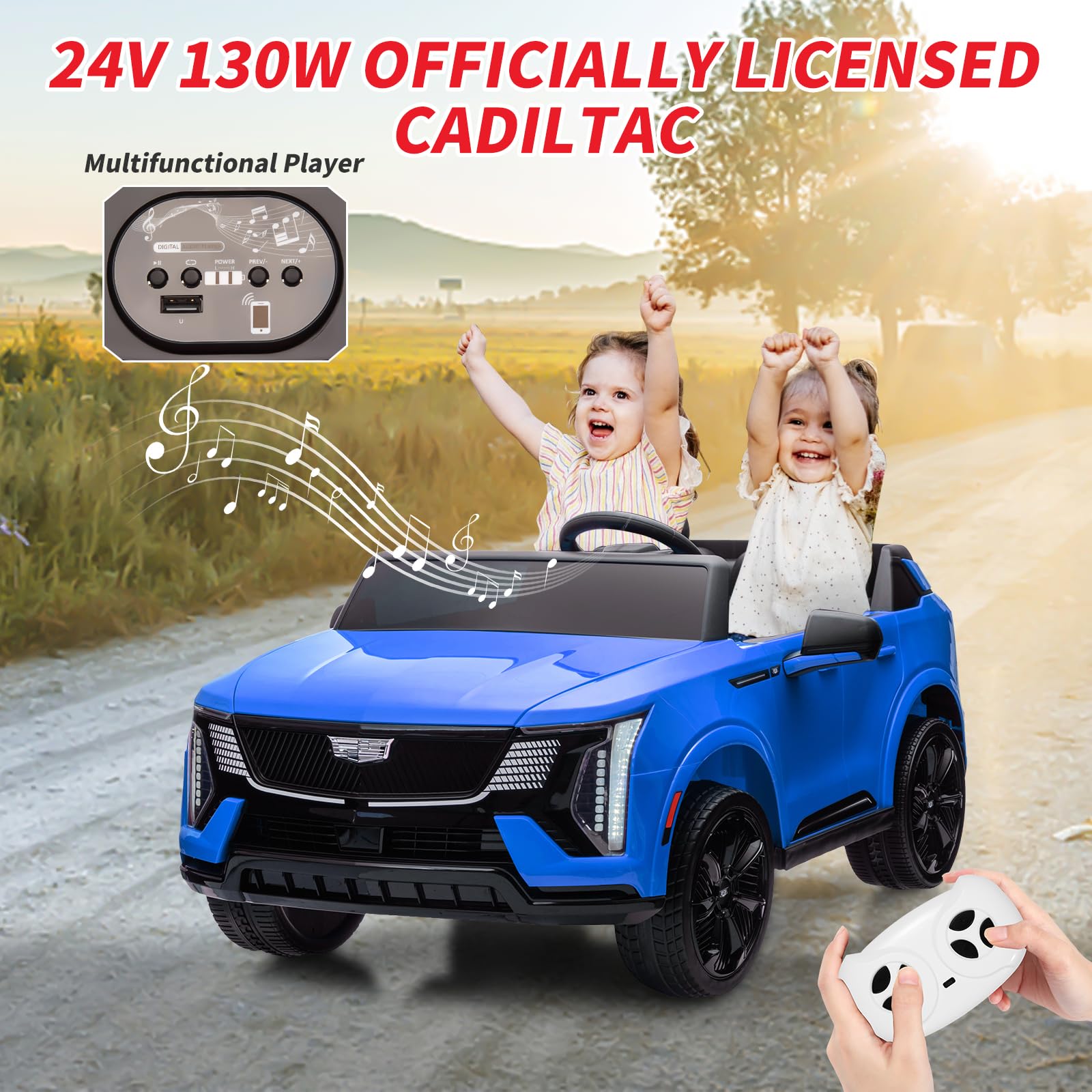 Garvee 2 Seater Ride On Car for Kids 24V Electric Cadillac with Remote Control, Full-Wheel Suspension, LED Lights, Music, Battery Powered, Blue, Outdoor Fun