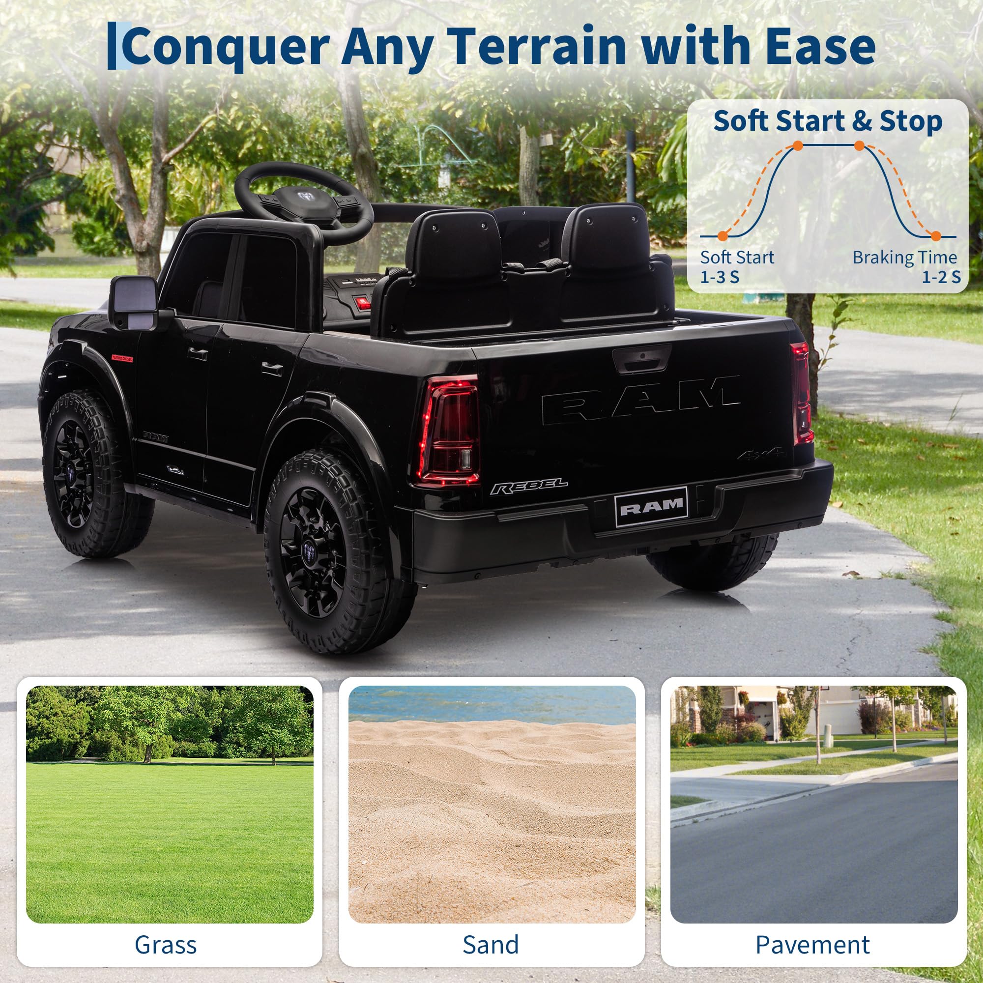 Garvee 2-Seater Electric Ride-On Truck for Kids, 24V RAM 2500 Licensed, Bluetooth, Remote Control, Suspension, LED Lights, Black, Outdoor Adventure