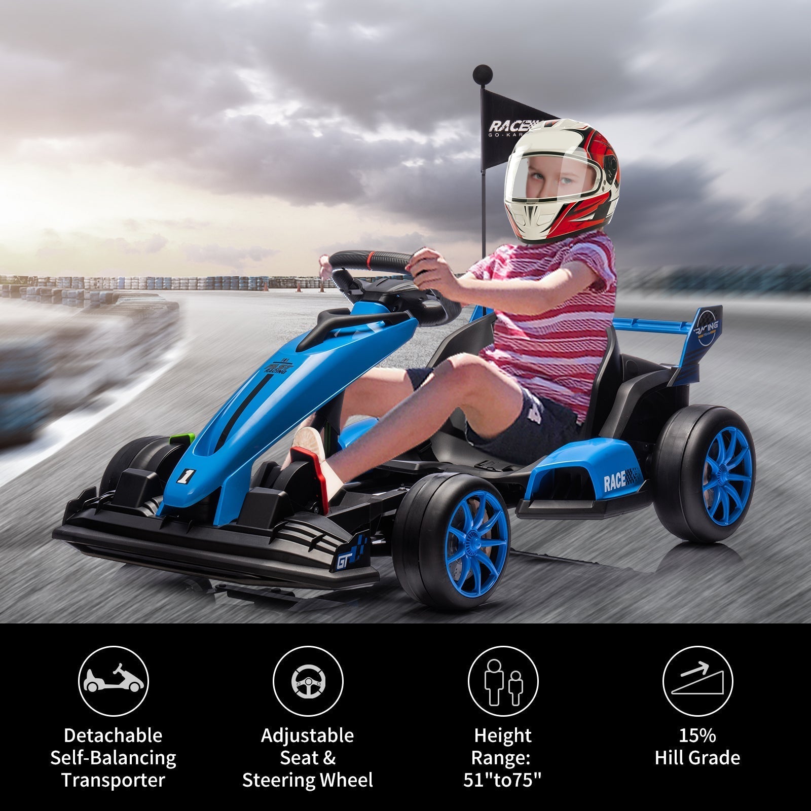 Garvee Ride - G Series: 24V Electric Drift Kart for Kids, Ride Car with Adjustable Seat & 7.5MPH Speed, EVA Silent Wheels, Parent-Safety Certified Ride-On Toy - Blue