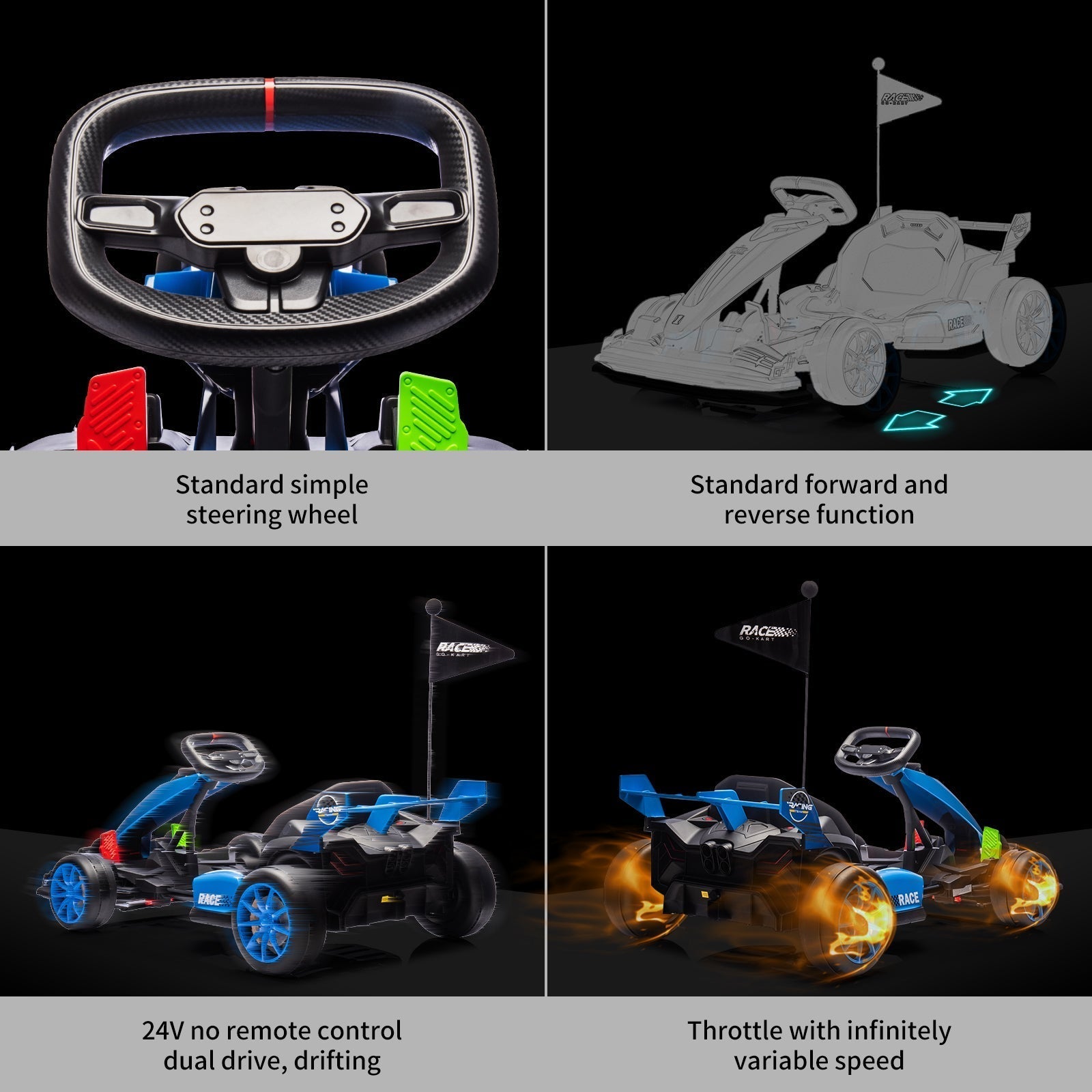 Garvee Ride - G Series: 24V Electric Drift Kart for Kids, Ride Car with Adjustable Seat & 7.5MPH Speed, EVA Silent Wheels, Parent-Safety Certified Ride-On Toy - Blue