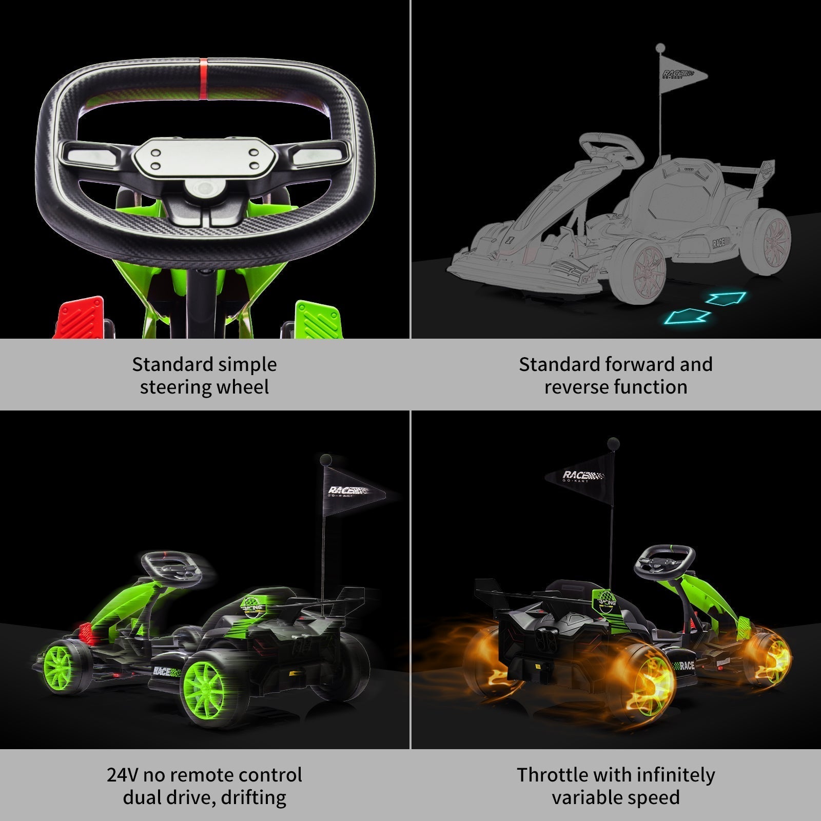 Garvee Ride - G Series: 24V Electric Drift Kart for Kids, Ride Car with Adjustable Seat & 7.5MPH Speed, EVA Silent Wheels, Parent-Safety Certified Ride-On Toy - Green