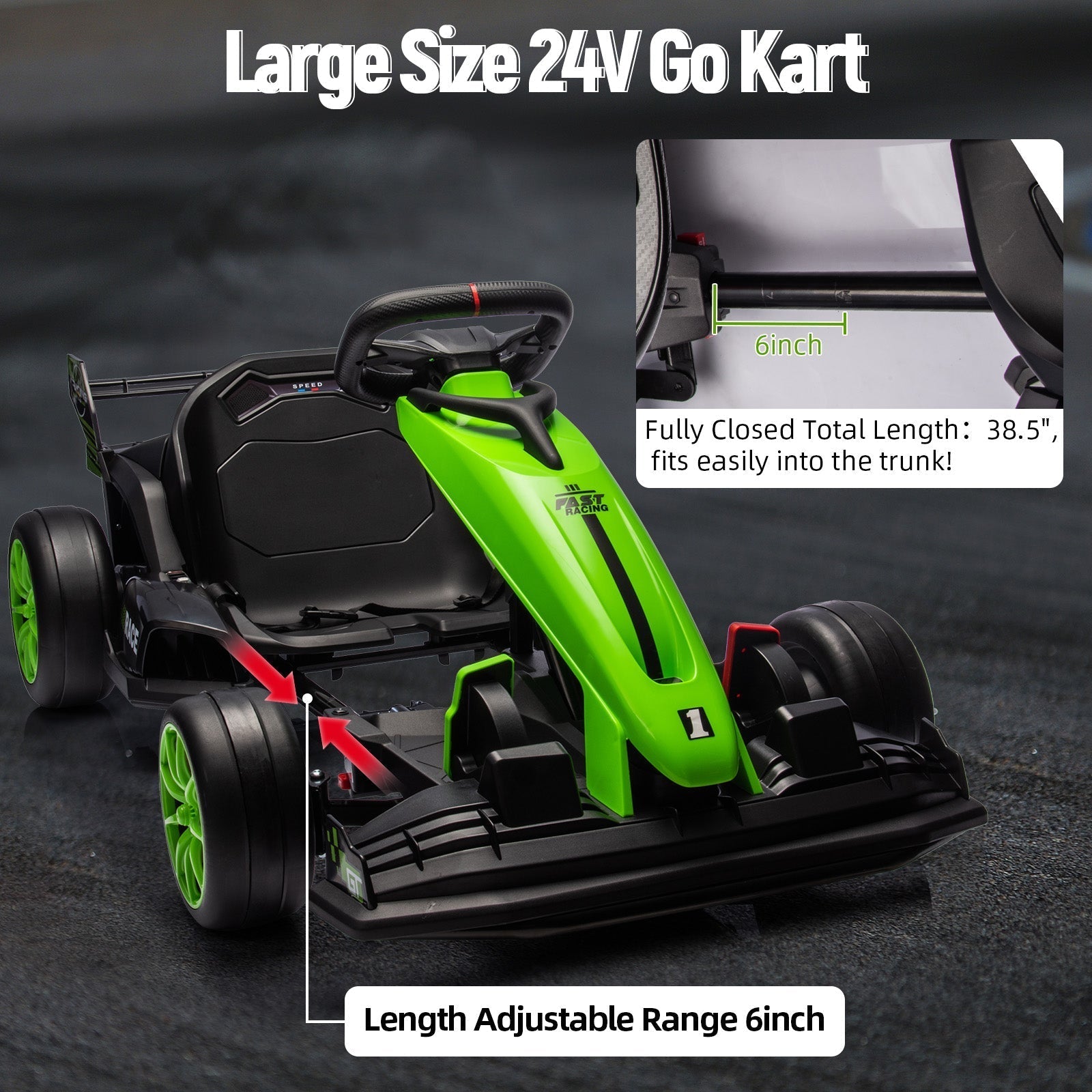 Garvee Ride - G Series: 24V Kids Ride on Go Kart, 7.5mph Variable High Speed Drifting Car, 7ah Battery 200W*2 Motors ,Length Ajustable Max Load 135lbs, Power Display Racing Toy for for Kids Child 6+ ,Green