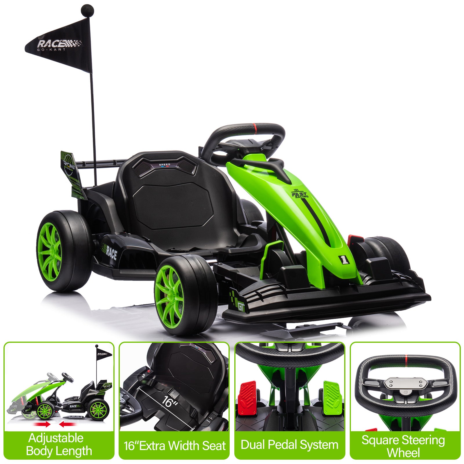 Garvee Ride - G Series: 24V Kids Ride on Go Kart, 7.5mph Variable High Speed Drifting Car, 7ah Battery 200W*2 Motors ,Length Ajustable Max Load 135lbs, Power Display Racing Toy for for Kids Child 6+ ,Green