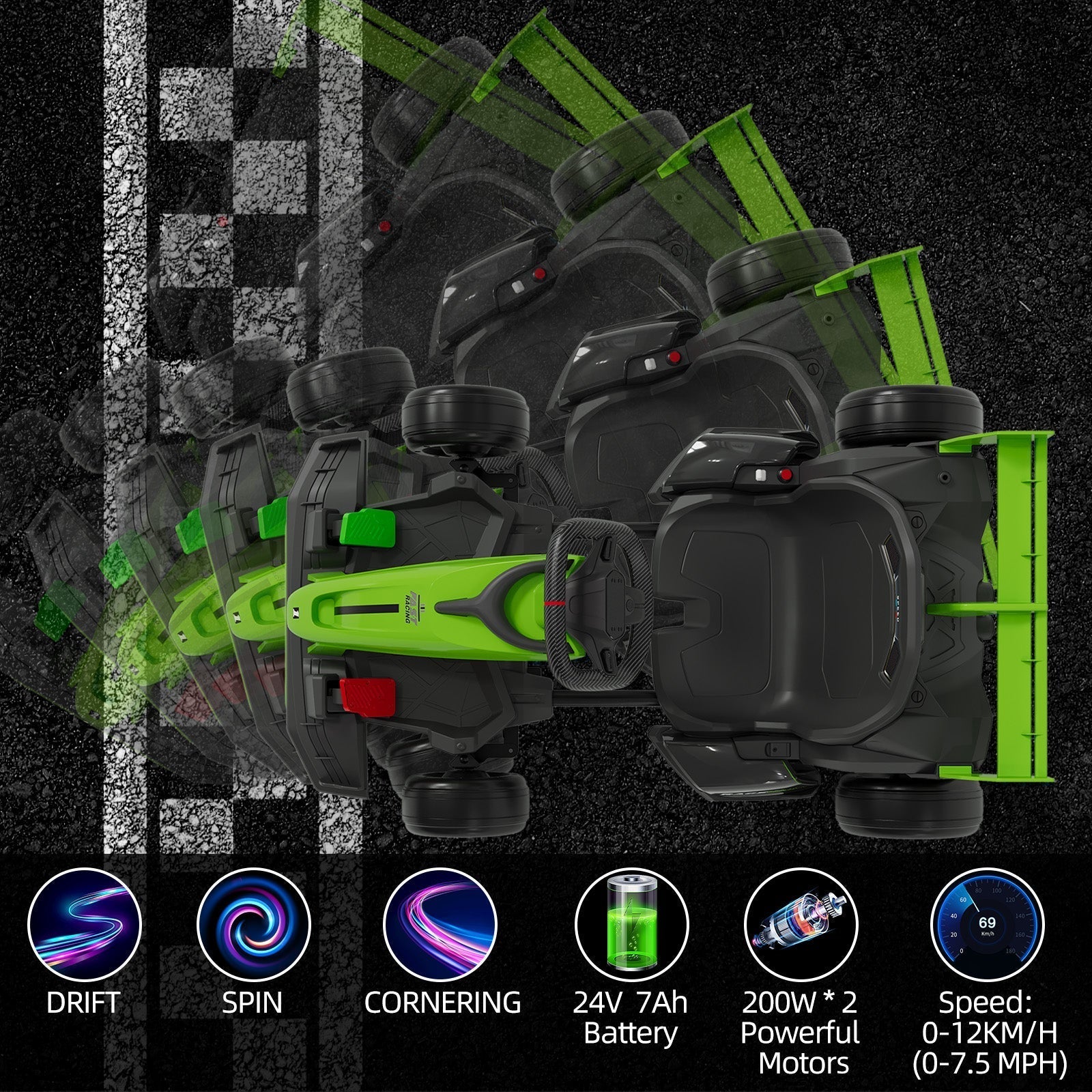 Garvee Ride - G Series: 24V Kids Ride on Go Kart, 7.5mph Variable High Speed Drifting Car, 7ah Battery 200W*2 Motors ,Length Ajustable Max Load 135lbs, Power Display Racing Toy for for Kids Child 6+ ,Green