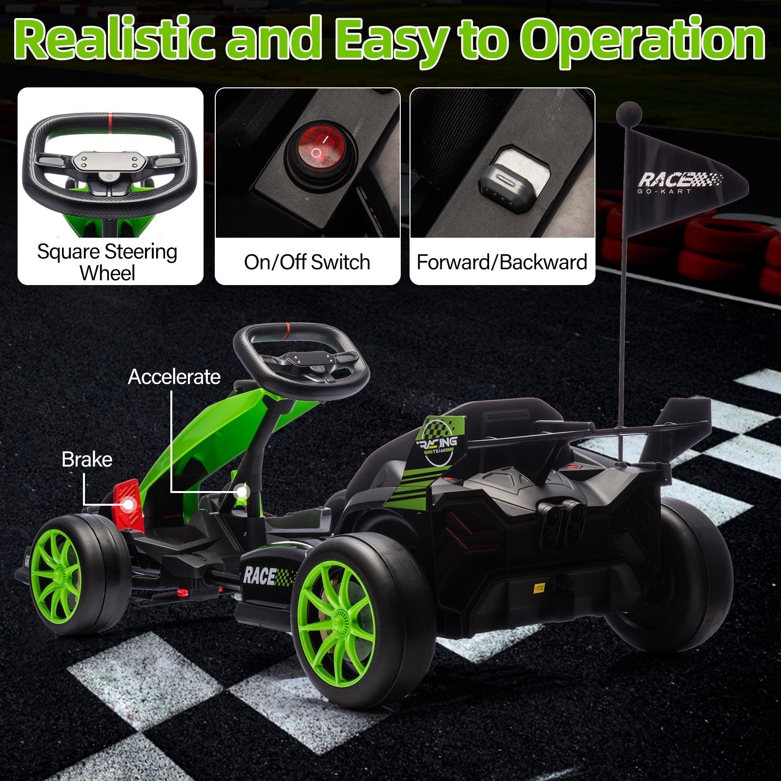 Garvee Ride - G Series: 24V Kids Ride on Go Kart, 7.5mph Variable High Speed Drifting Car, 7ah Battery 200W*2 Motors ,Length Ajustable Max Load 135lbs, Power Display Racing Toy for for Kids Child 6+ ,Green