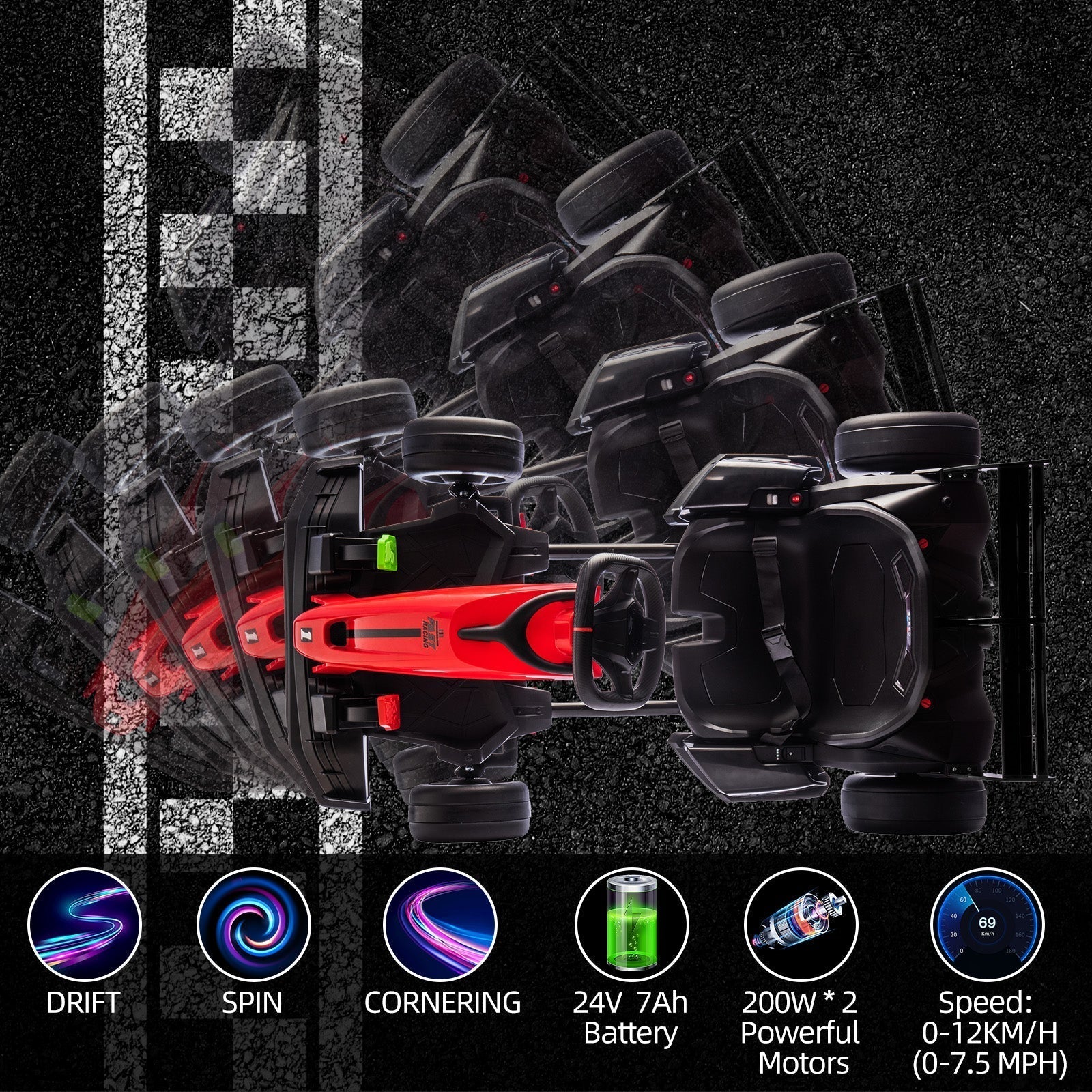 Garvee Ride - G Series: 24V Kids Ride On Go Kart Red, Adjustable Legroom, 7.5mph High Speed, 7ah Battery, 200W*2 Motors, Max Load 135lbs, Racing Toy for 6+