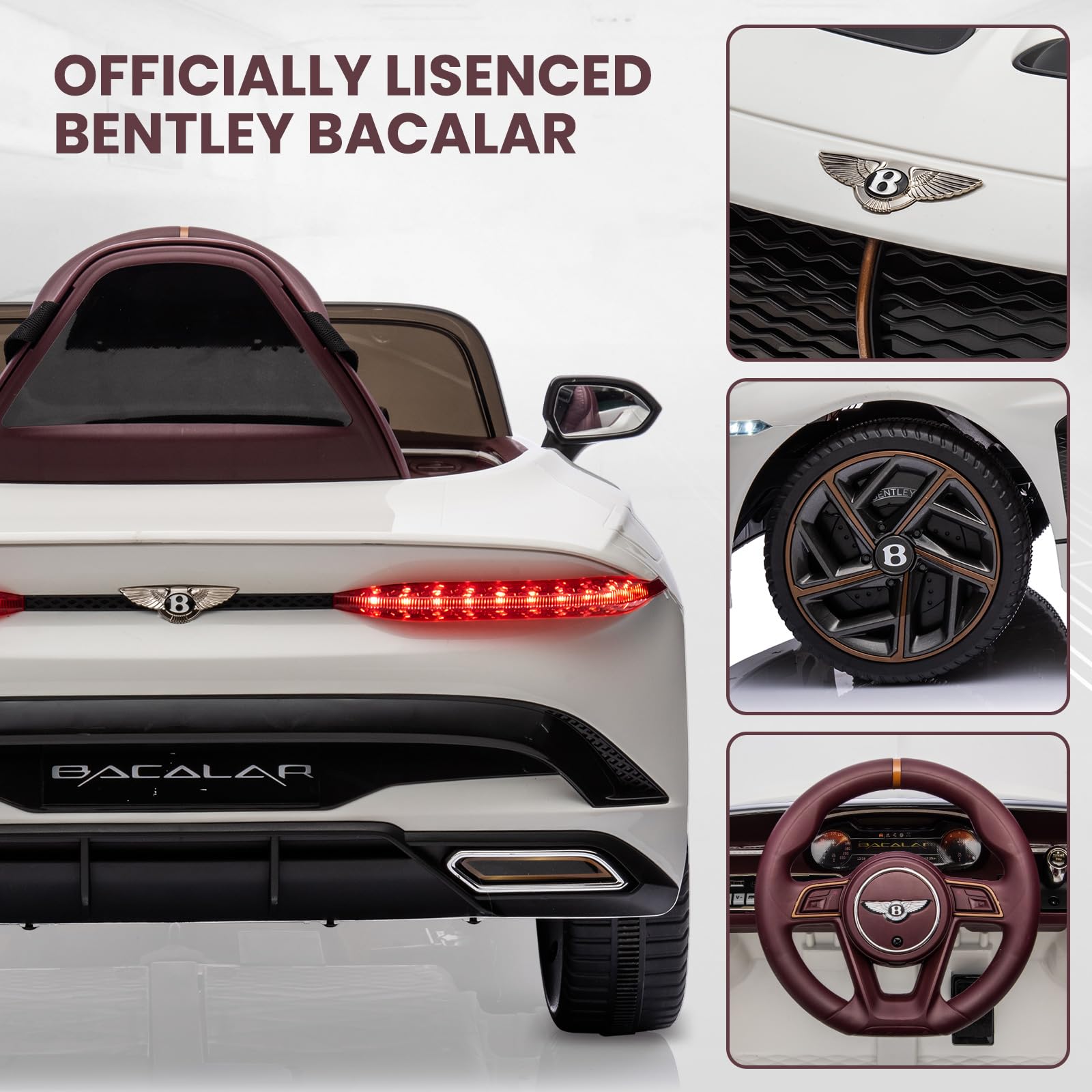 Garvee Kids Ride On Car, Licensed Bentley Bacalar 12V Electric Vehicles w/Parent Remote Control, Scissor Door, Suspension, 3 Speeds, LED Lights, Horn, Battery Powered Ride on Toy for Boys Girls - White