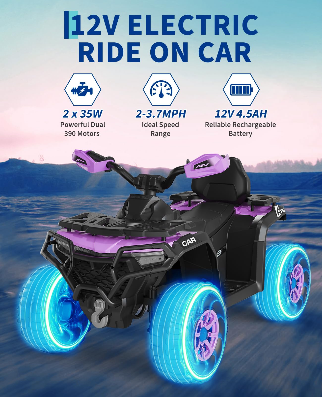 Garvee 12V Kids Electric ATV Ride-On Car – Dual Motors – Parent Remote Control – LED Lights, wireless, Music, USB, Spring Suspension – Battery Powered Outdoor Quad Toy for Boys & Girls – Purple