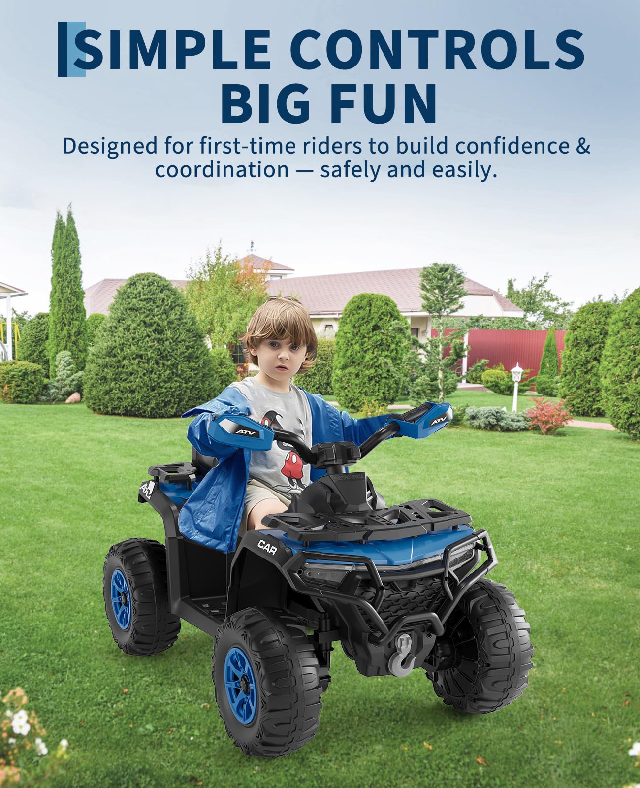 Garvee 12V Kids Electric ATV Ride-On Car – Dual Motors – Parent Remote Control – LED Lights, wireless, Music, USB, Spring Suspension – Outdoor Off-Road Four Wheeler for Boys & Girls Ages 3-8 – Royal Blue