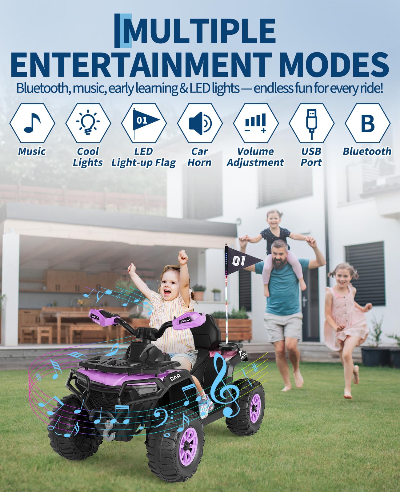 Garvee 12V Kids Electric ATV Ride-On Car – Dual Motors – Parent Remote Control – LED Lights, wireless, Music, USB, Spring Suspension – Battery Powered Outdoor Quad Toy for Boys & Girls – Purple
