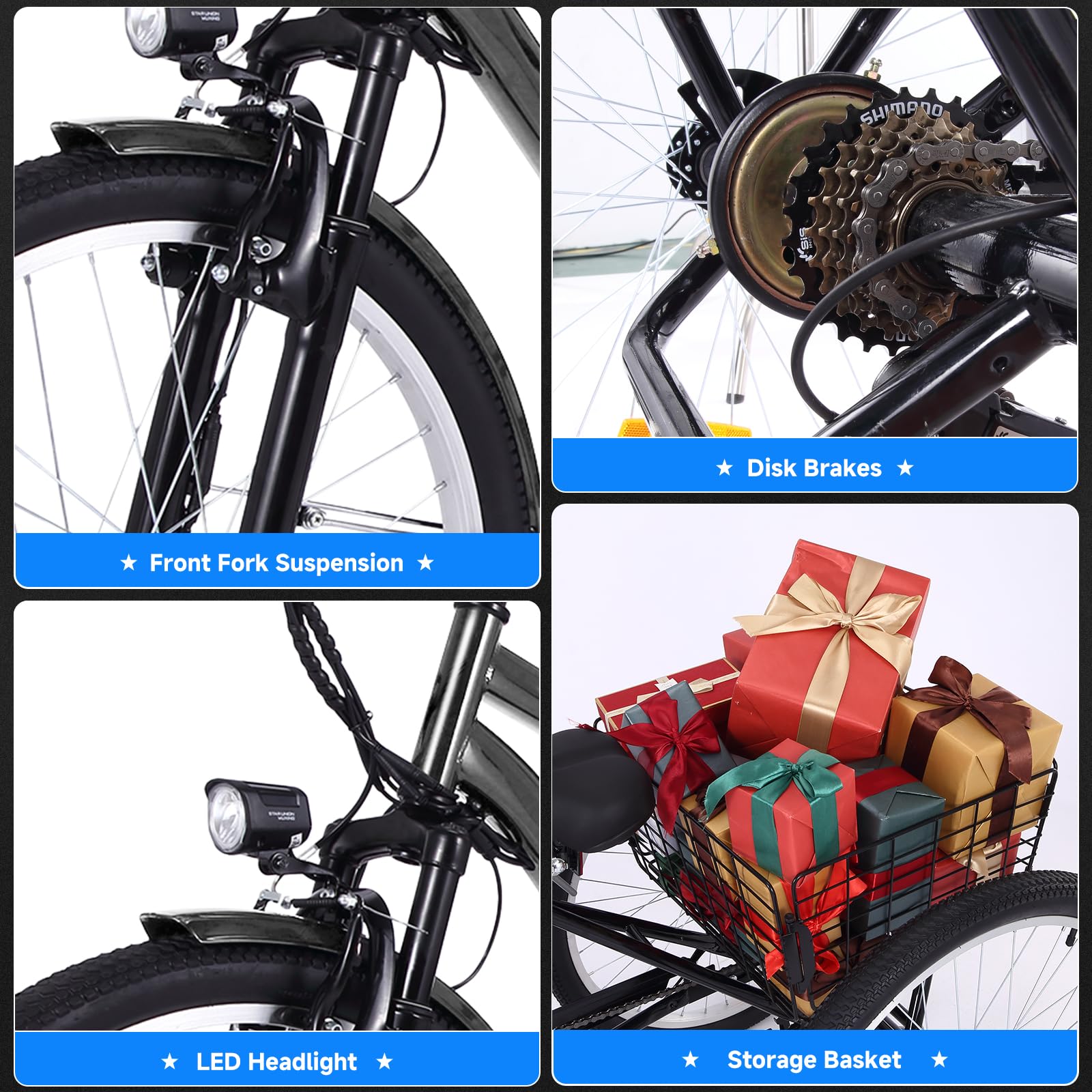 Garvee 26 Inch Adult 3 Wheel Electric Tricycle with Basket, Fat Tires,7 Speeds,350W Powerful Motor, 36V 10Ah Removable Battery - Dark Gray