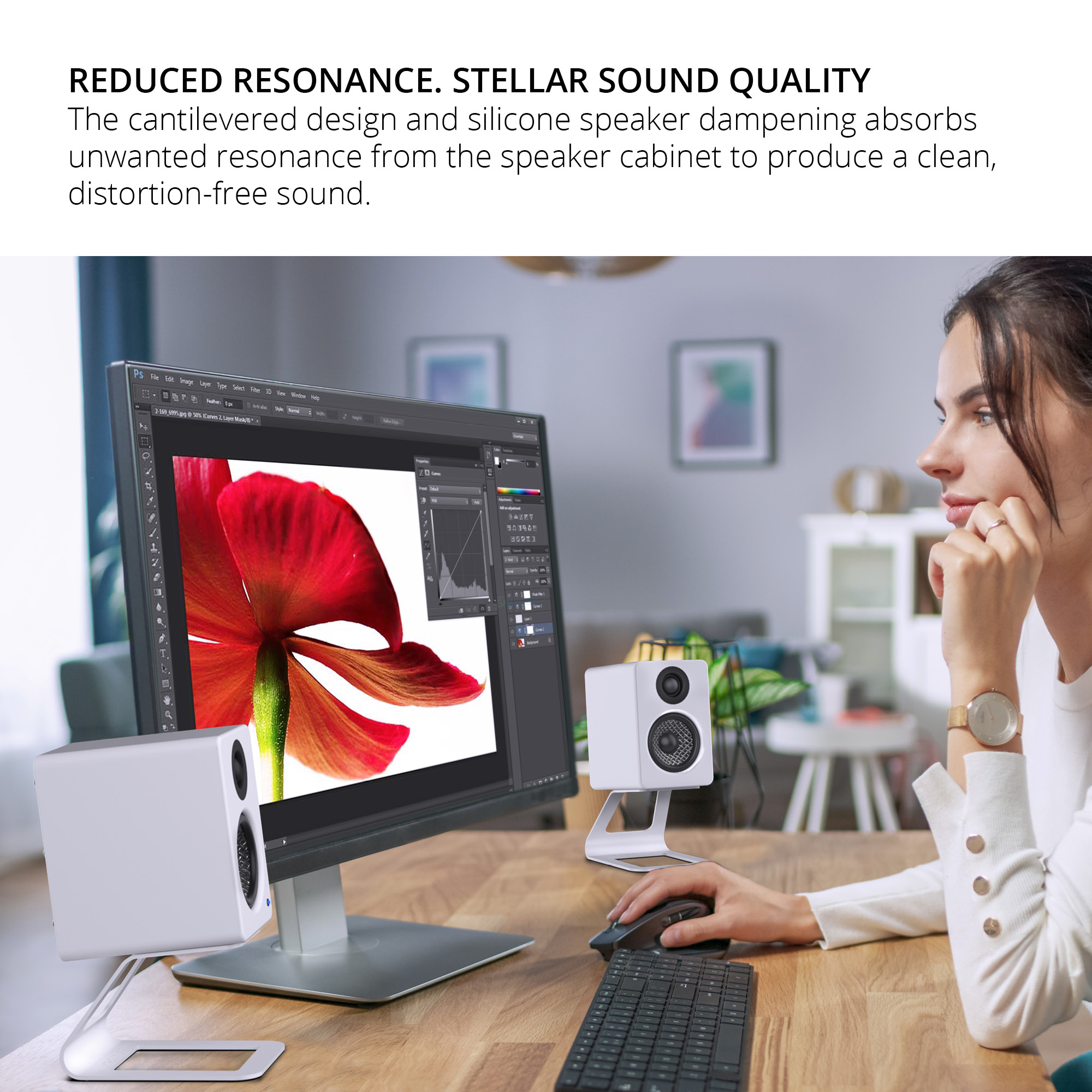 Kanto ORA 100W Powered Reference Desktop Speakers with Bluetooth & SE2 Speaker Stands Package White
