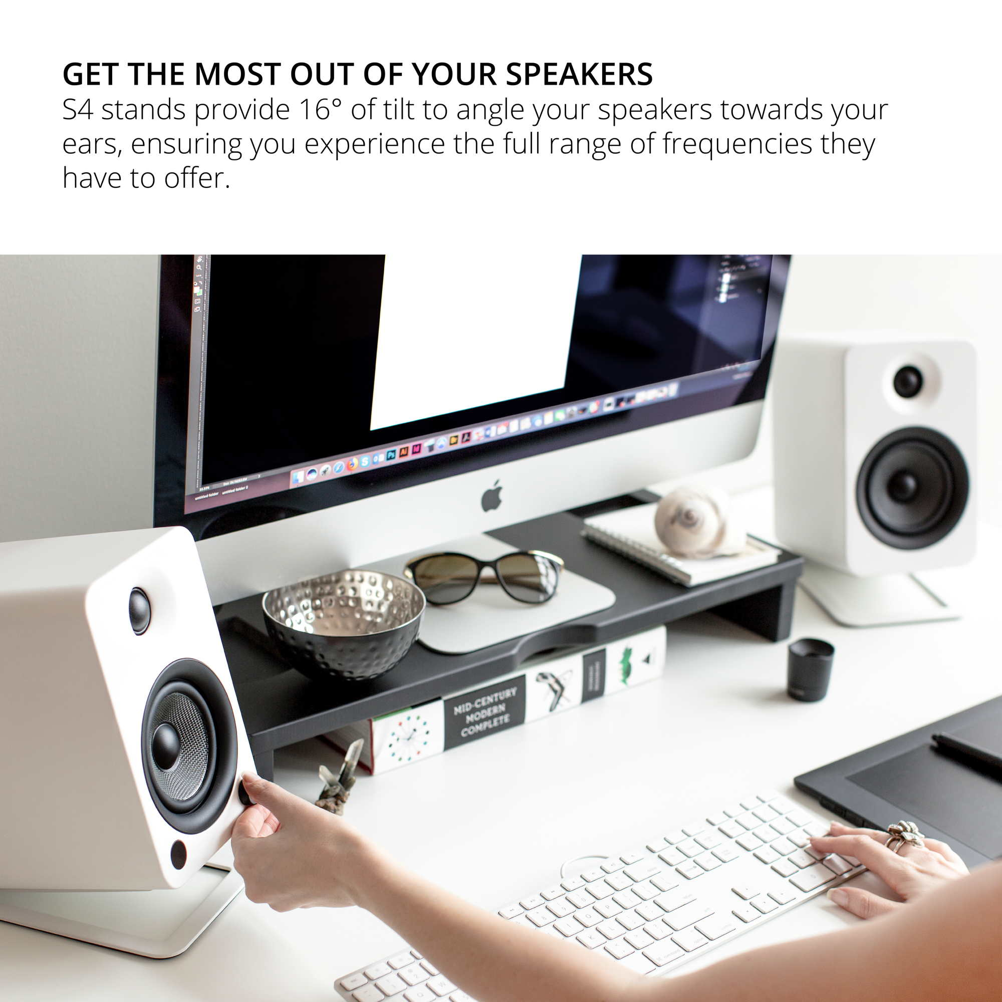 Kanto ORA4 140W Powered Reference Desktop Speakers with Bluetooth & S4 Tilted Speaker Stands White