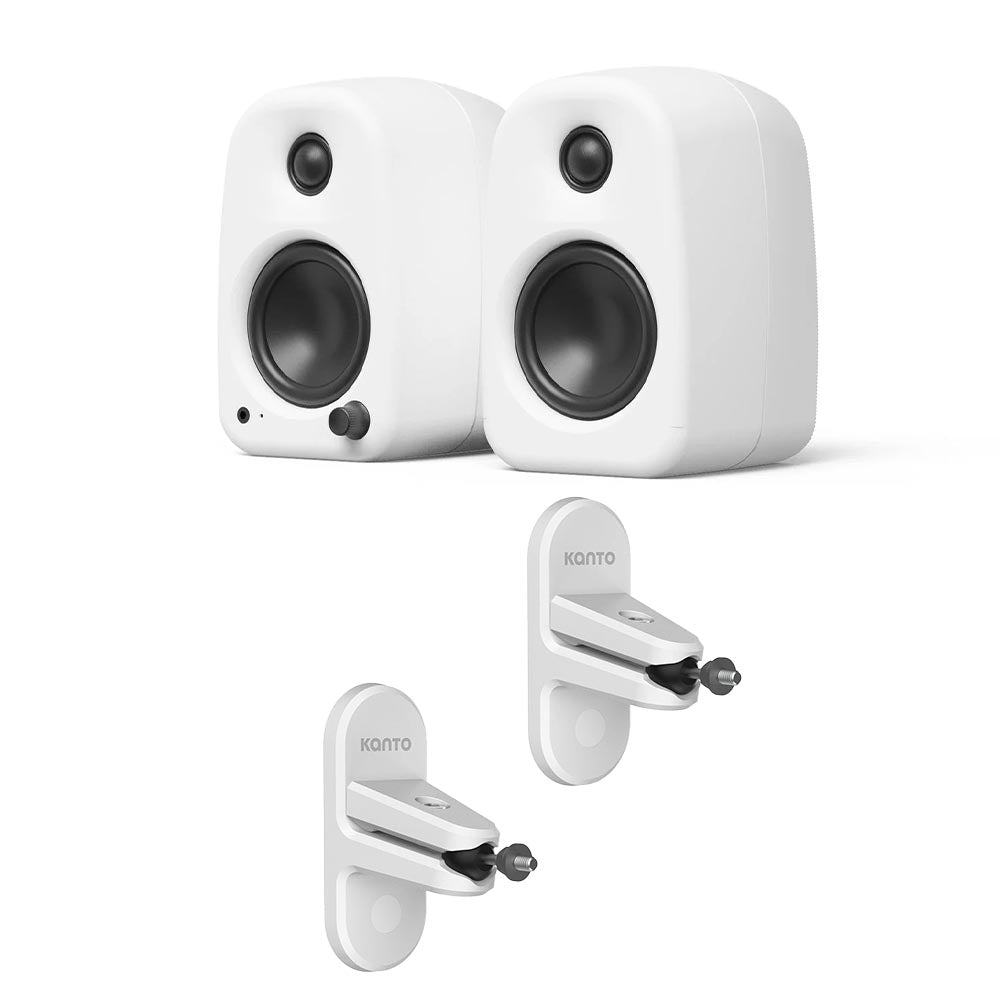 Kanto UKI 100W Bluetooth Desktop Speakers With SPW3 Universal Speaker Wall Mount White