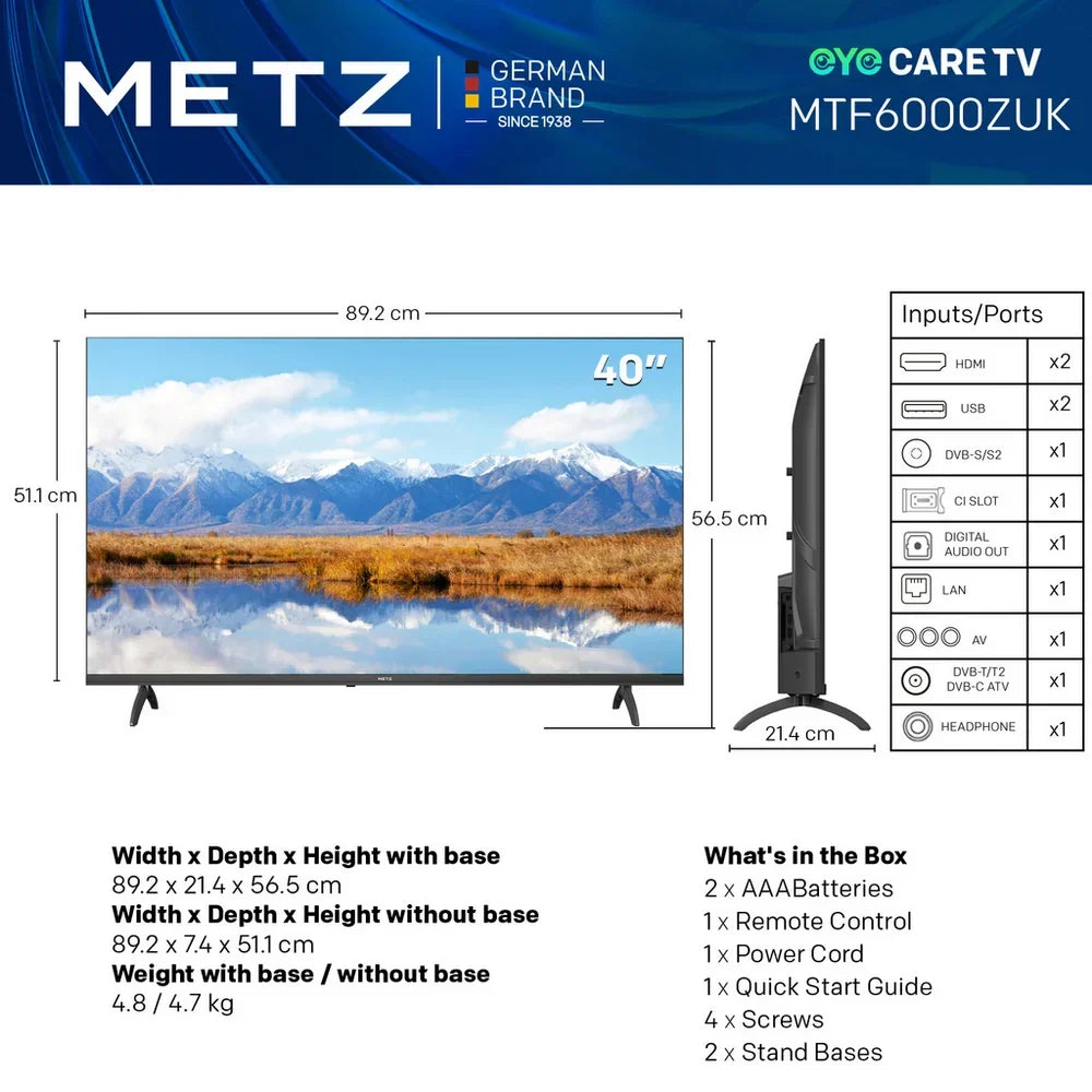 Metz 40MTF6000ZUK 40 Inch 2K DLED HD Smart TV with Freely