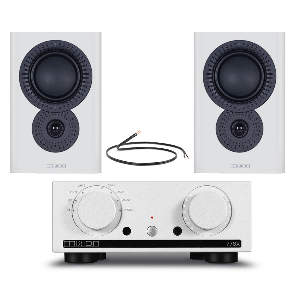 Mission 778X Integrated Amplifier Silver with LX-2 MKII Bookshelf Speakers White Pair HiFi Package