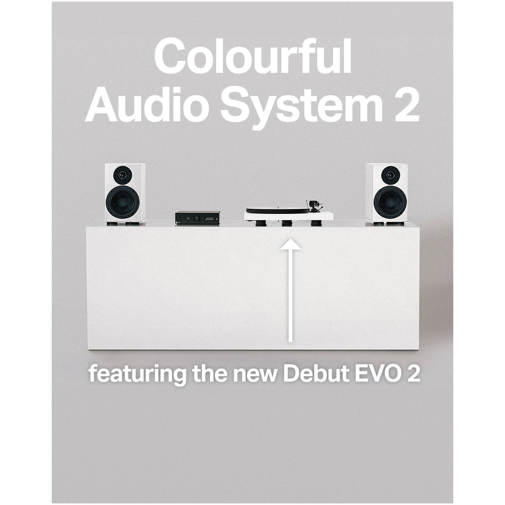 Pro-Ject Colourful Audio System 2 with Debut EVO 2 Turntable MaiA S3 Amplifier and Speaker Box 5 S2 Speakers - Satin White