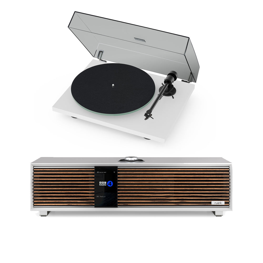Pro-Ject T1 EVO Phono Belt-Driven Turntable White and Ruark R410 Integrated Wireless Music System Grey HiFi Package