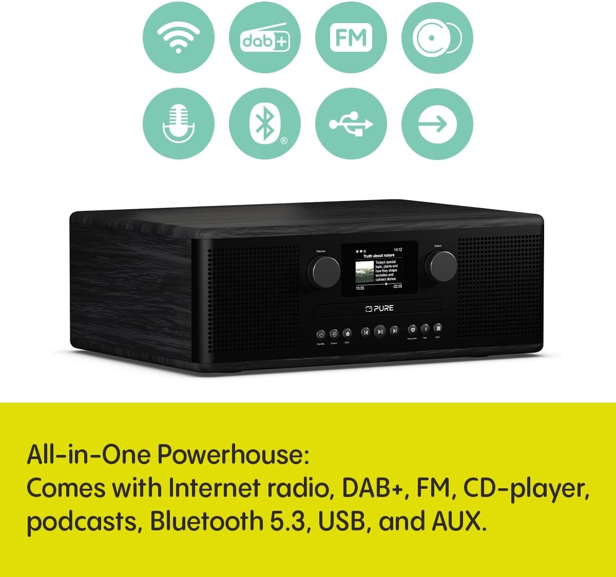 Pure Classic C-D6i All in One Internet Radio with DAB+ FM Bluetooth CD Player Stereo Sound System Black