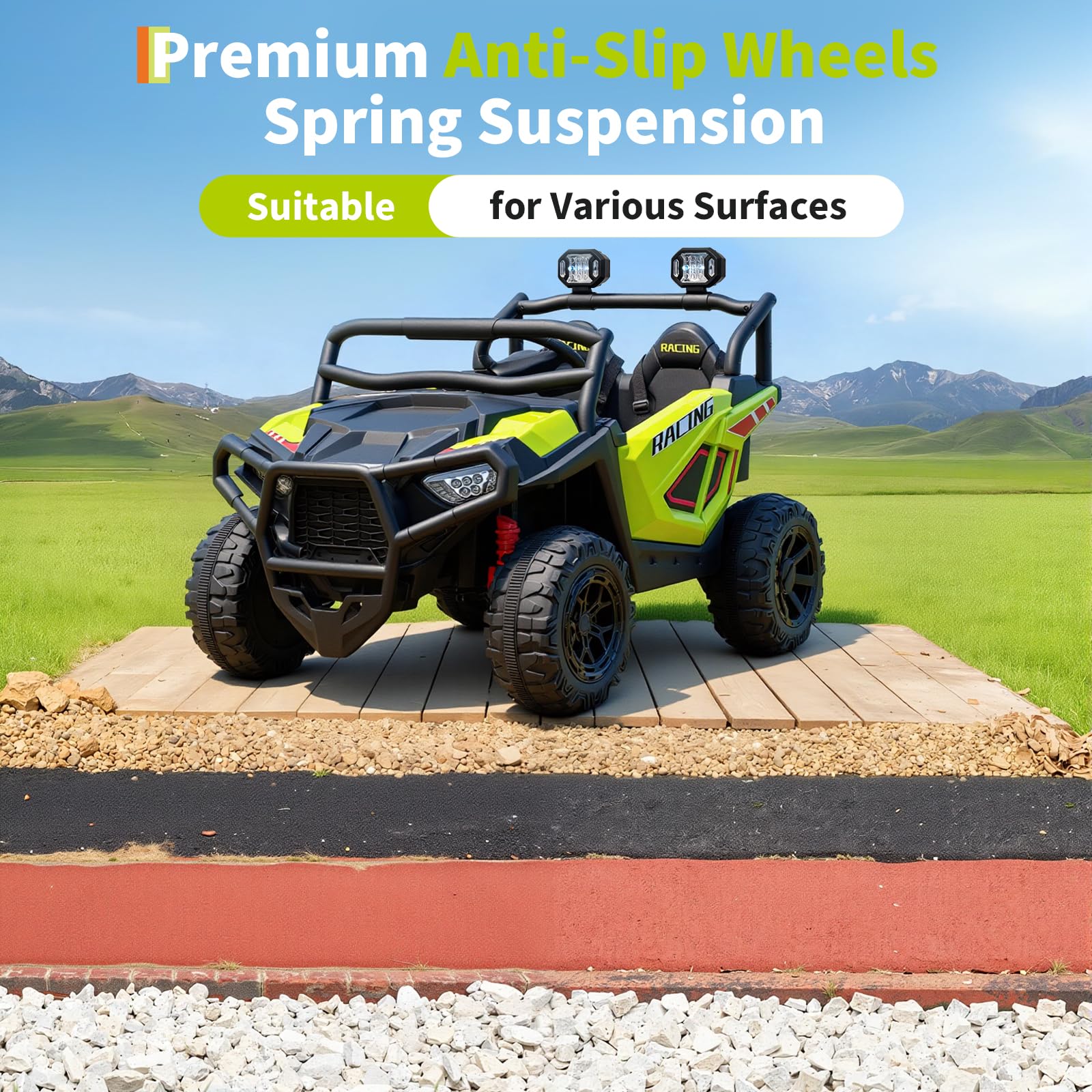 Garvee 24V 2-Seater Electric UTV Ride-On Truck for Kids Ages 2-8 – Battery Powered, Remote Control, 4-Wheel Suspension, Gradual Power-Up, 3 Speeds, LED Lights, Wireless – Fluorescent Green