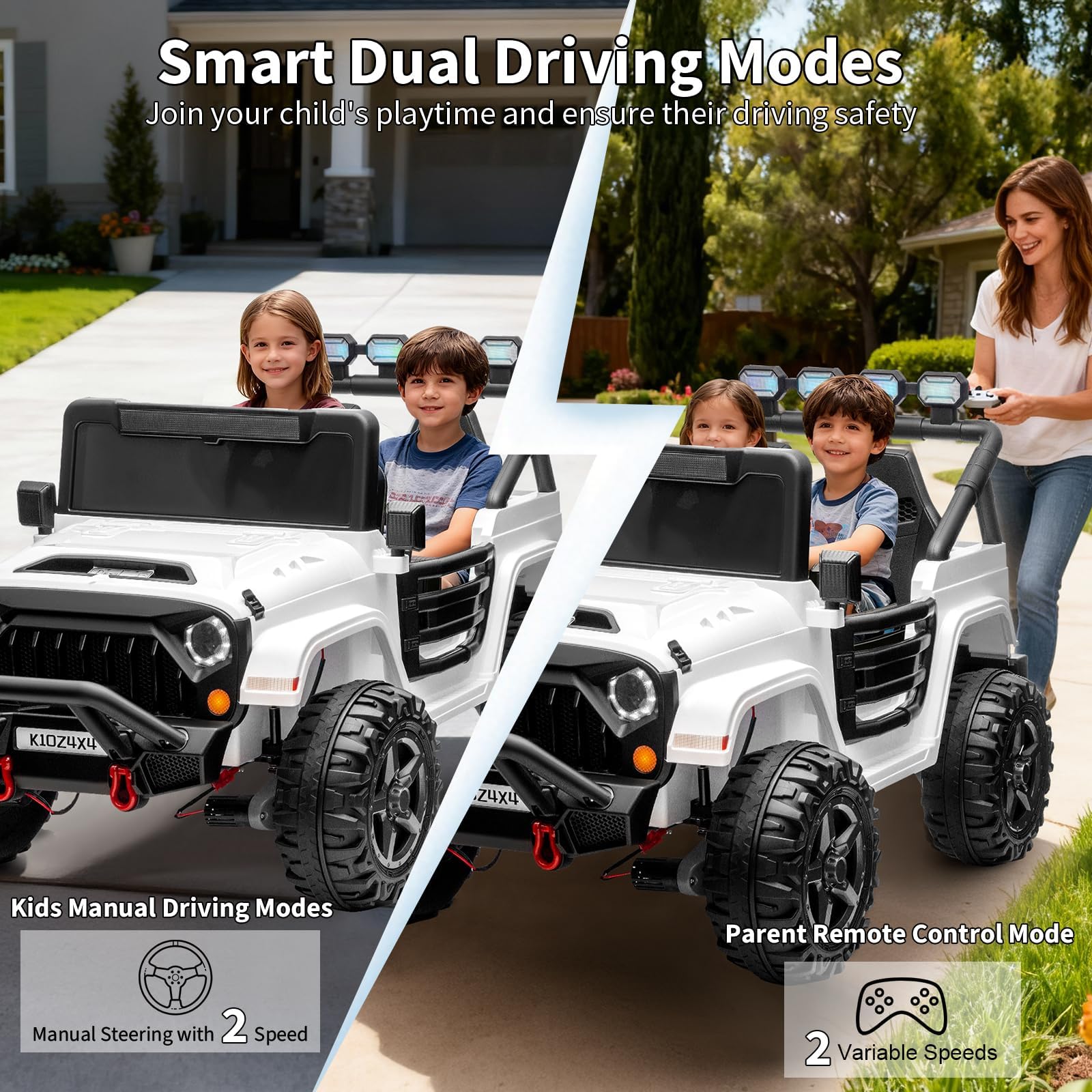 Garvee 24V 2-Seater Electric Ride On Truck for Big Kids – Parental Remote Control – 4-Wheel Suspension – 3 Speeds – LED Lights – Wireless Audio & MP3 Player – Standard Test Method/CPSIA Certified – White