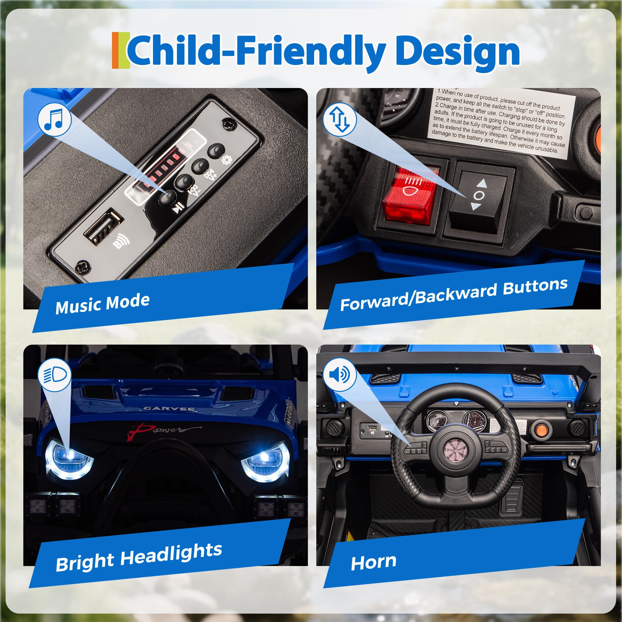 Garvee 12V Kids Electric Ride-On Car – Parent Remote Control, 3-Point Harness, Locking Doors, Spring Suspension, wireless Music, LED Lights, 3 Speeds up to 4.1MPH, Battery Powered Toy Vehicle for Toddlers Boys Girls – Blue