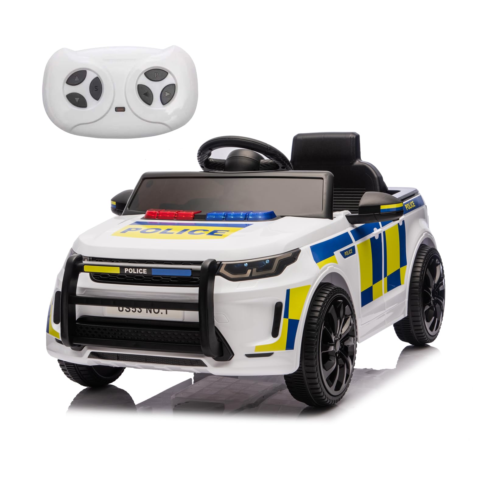 Garvee Kids Police Ride-On Car 12V Dual-Motor, Bluetooth, LED Lights, Safety Belt, Anti-Rollover Tires, White/Black, Outdoor Adventure Toy