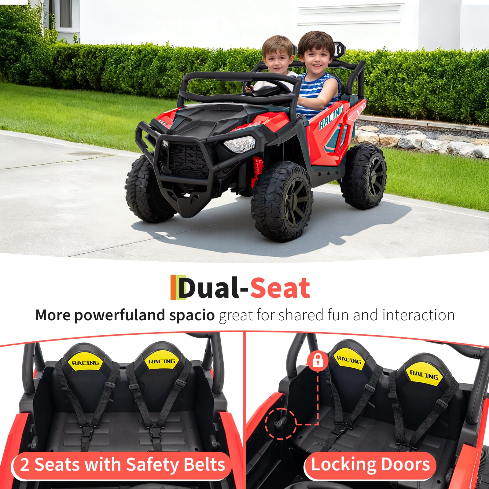 Garvee 24V 2-Seater Electric UTV Ride-On Truck for Kids Ages 2-8 – Battery Powered, Remote Control, 4-Wheel Suspension, Gradual Power-Up, 3 Speeds, LED Lights, Wireless – Red