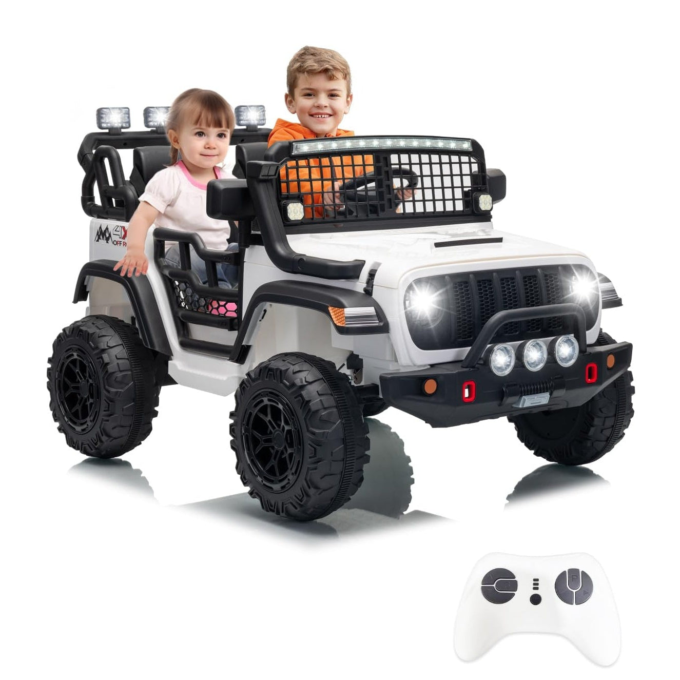 Garvee 24V Ride on Toys for Big Kids, 2-Seater Electric Ride on Car Truck with Remote Control, Four-Wheel Shock Absorbers, 4 Mph Max Speed, Music, LED Lights for Boys Girls, White