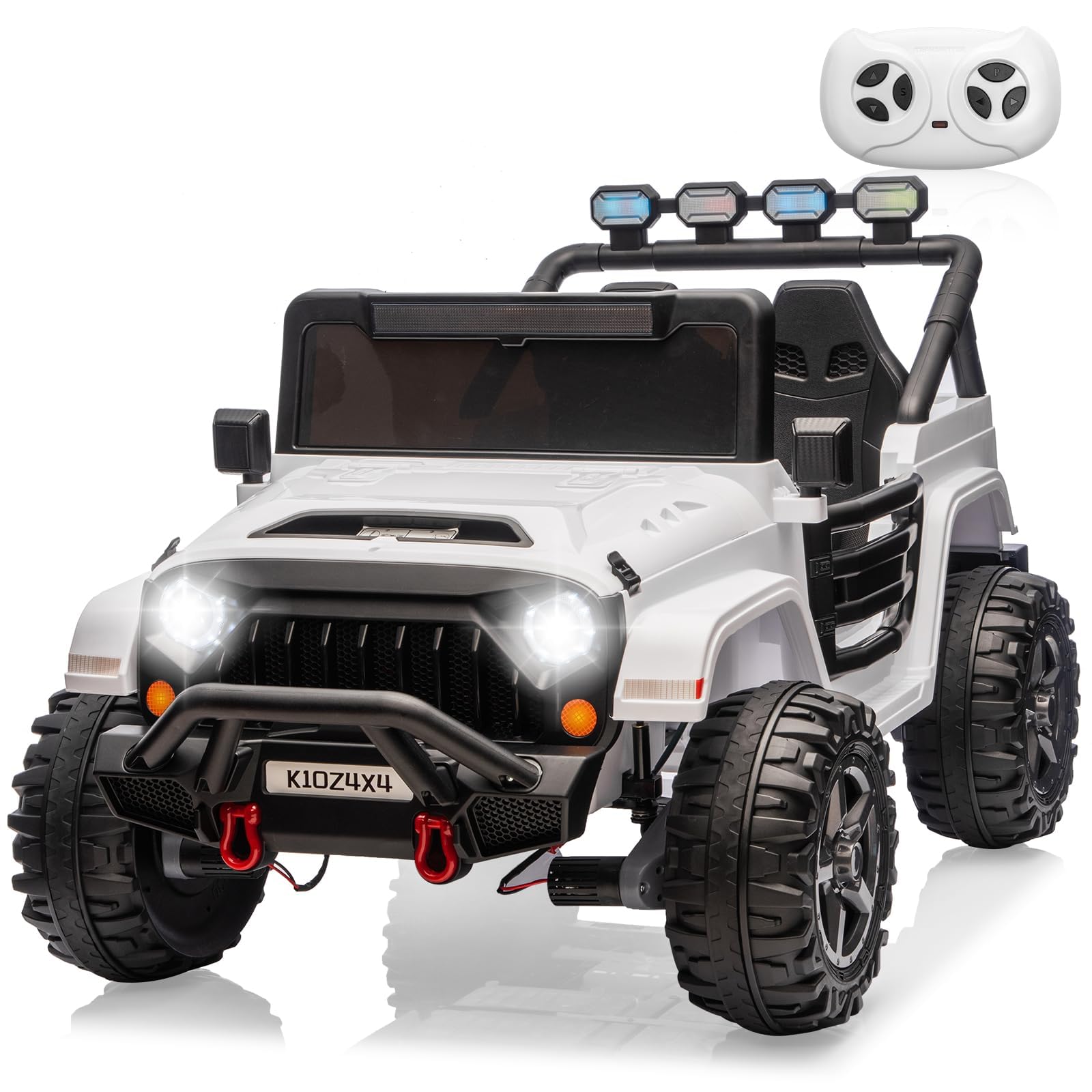 Garvee 24V 2-Seater Electric Ride On Truck for Big Kids – Parental Remote Control – 4-Wheel Suspension – 3 Speeds – LED Lights – Wireless Audio & MP3 Player – Standard Test Method/CPSIA Certified – White