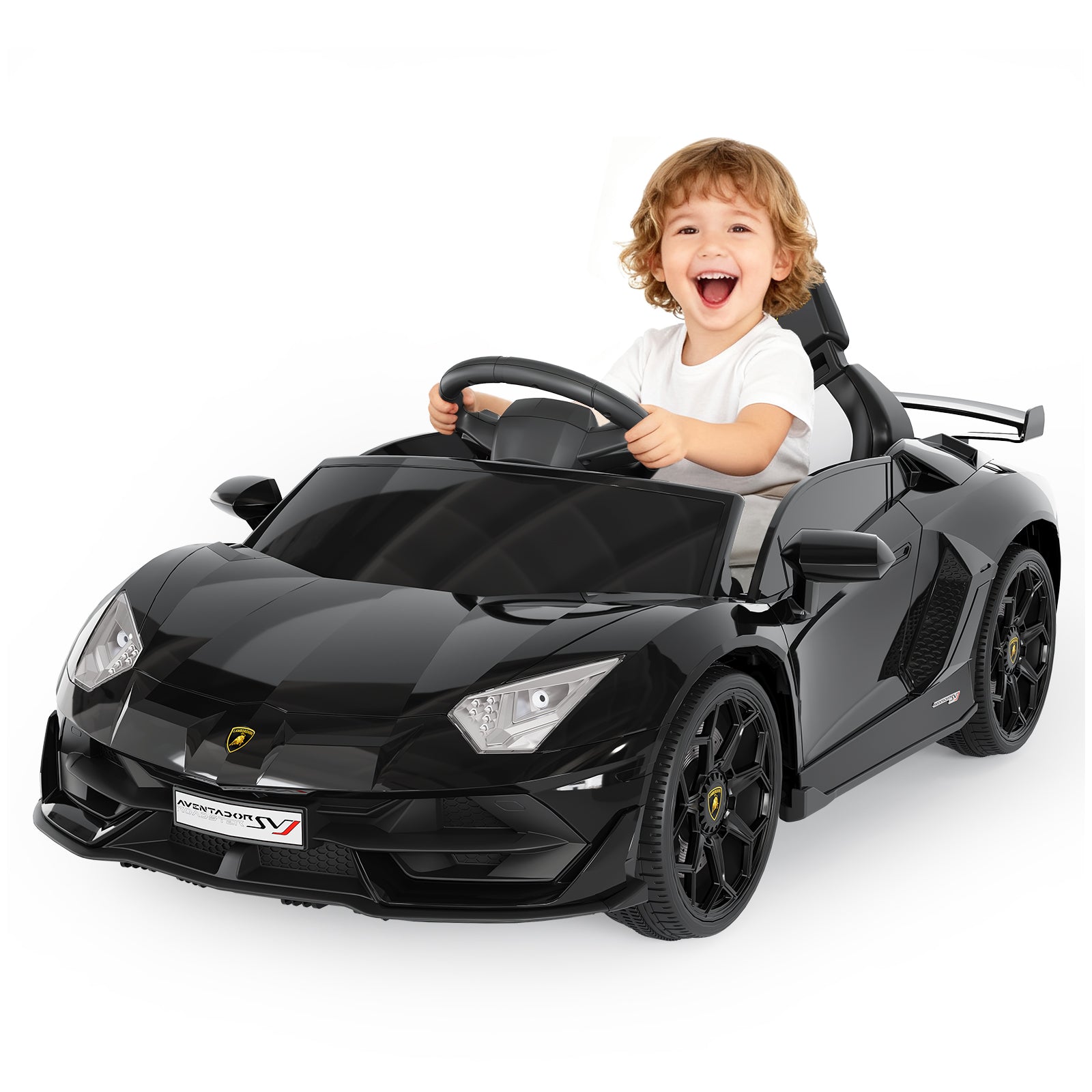 Garvee Licensed Lamborghini 12V Electric Ride-On Car for Kids – Battery Powered Sports Vehicle with Remote Control, 2 Speeds, MP3 Player, LED Headlights, Spring Suspension, Music System – For Ages 3-8 – Black