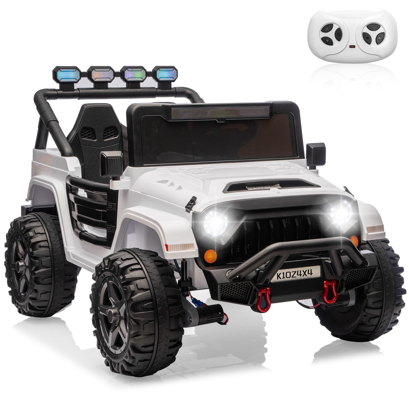 Garvee 24V 2-Seater Electric Ride On Truck for Big Kids – Parental Remote Control – 4-Wheel Suspension – 3 Speeds – LED Lights – Wireless Audio & MP3 Player – Standard Test Method/CPSIA Certified – White