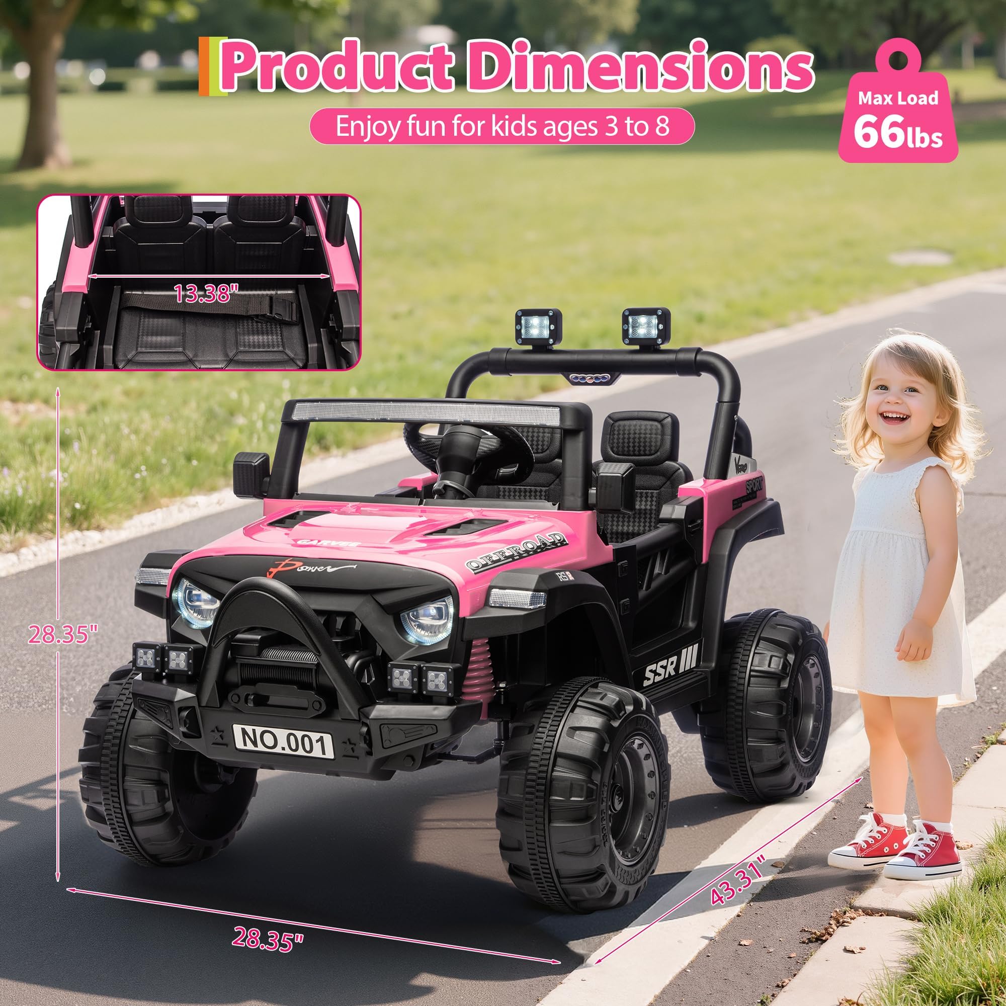 Garvee 12V Kids Electric Ride-On Truck – Parent Remote Control, 3 Speeds up to 4.1MPH, Spring Suspension, wireless Music, LED Headlights, Battery Powered Car Toy for Boys and Girls Ages 3-8 – Pink