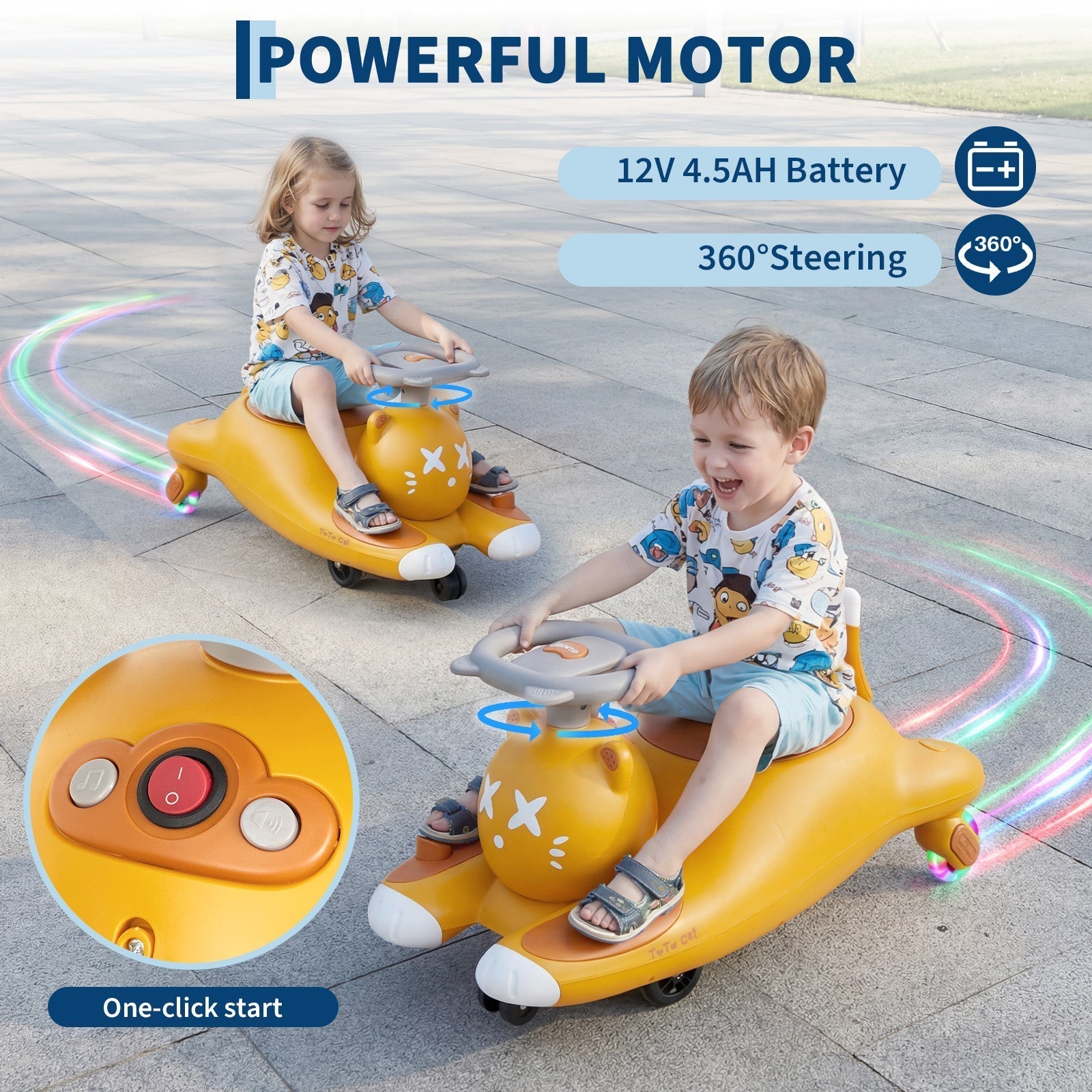 Garvee Cartoon Cat 12V Kids Electric Wiggle Ride-On Car – Battery Powered, Pedal Operated, Smooth & Safe – Indoor/Outdoor Toy – Brown - US Standard