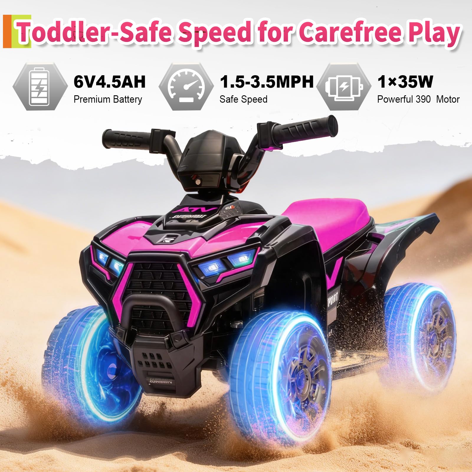 Garvee 6V Battery Powered Kids ATV Car with Lights, Music, 3.5mph Speed, 4 Wheeler, All-Terrain Tires, Safe Ride for Toddlers